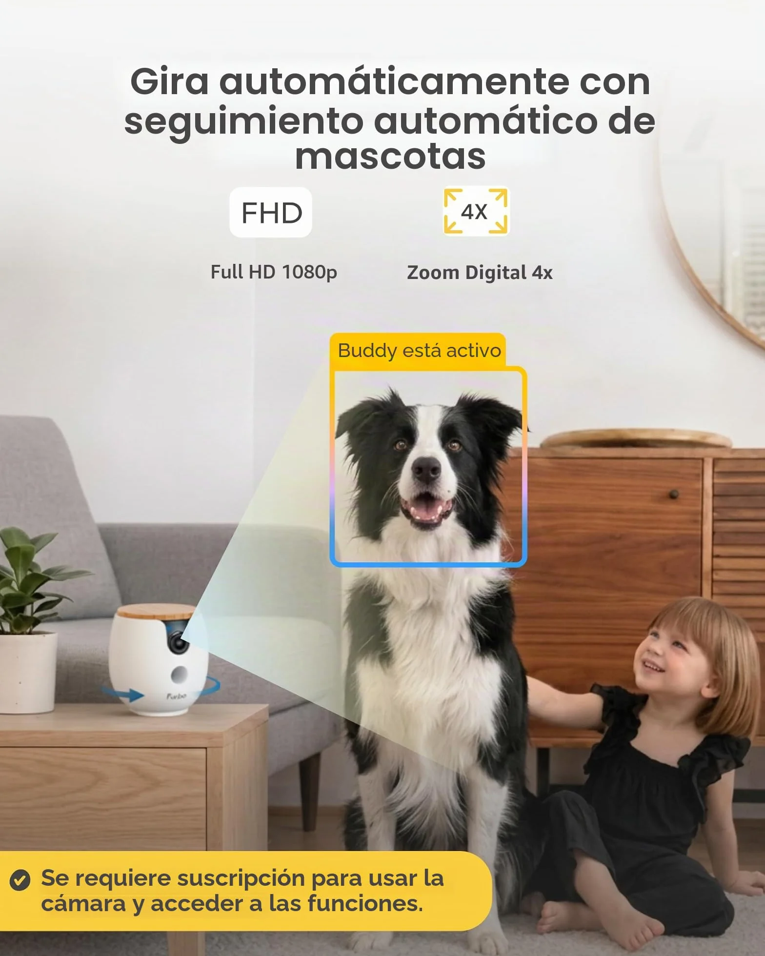 Furbo Mini cámara de 360º para mascotas, desbloquea la cámara inteligente y las funciones inteligentes con plan de pago: seguridad para el hogar y alertas de seguridad para perros y gatos, dispensador