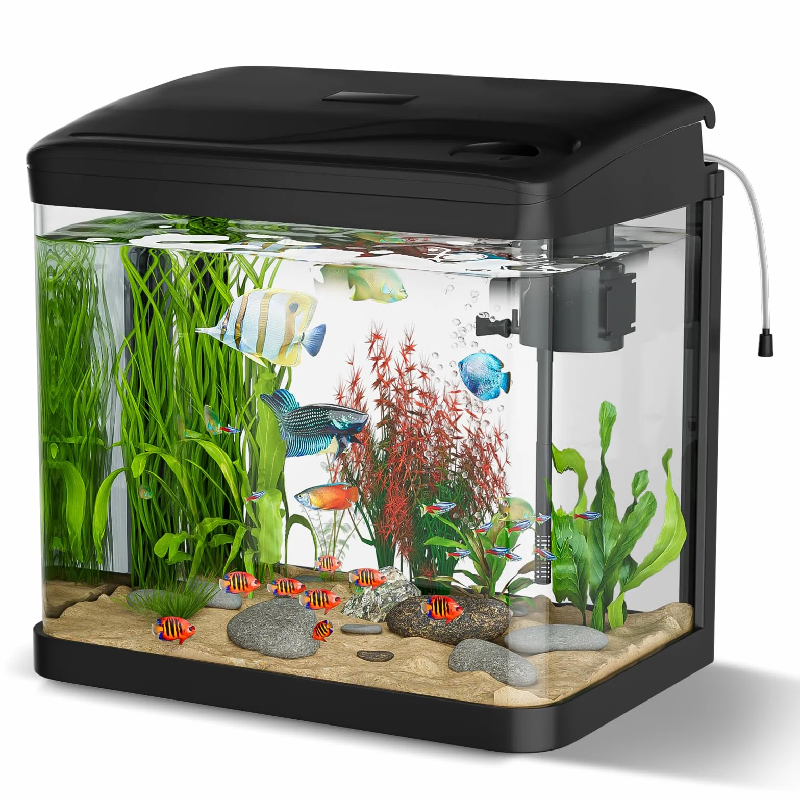 Acuario de Cristal, GuKKK Acuarios y Peceras Completas,Pecera con Sistema de Filtrado Integrado e Iluminación LED,Bajo Ruido y Silencioso,Acuarios de Iniciación, Negro (10L)
