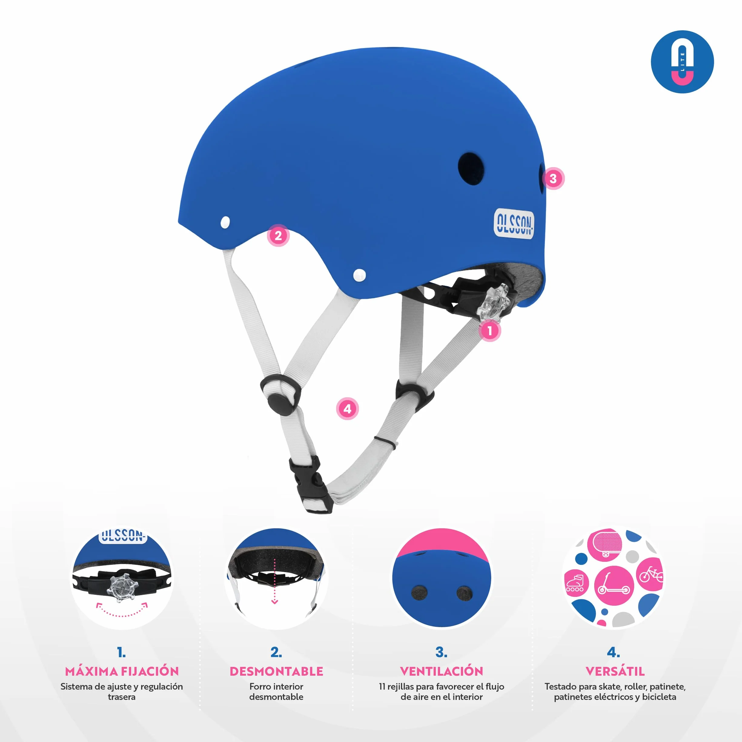 OLSSON Casco Infantil Kit Protecciones ABS EPS Forro Desmontable Lavable Tamaño Ajustable 11 Rejillas Ventilación