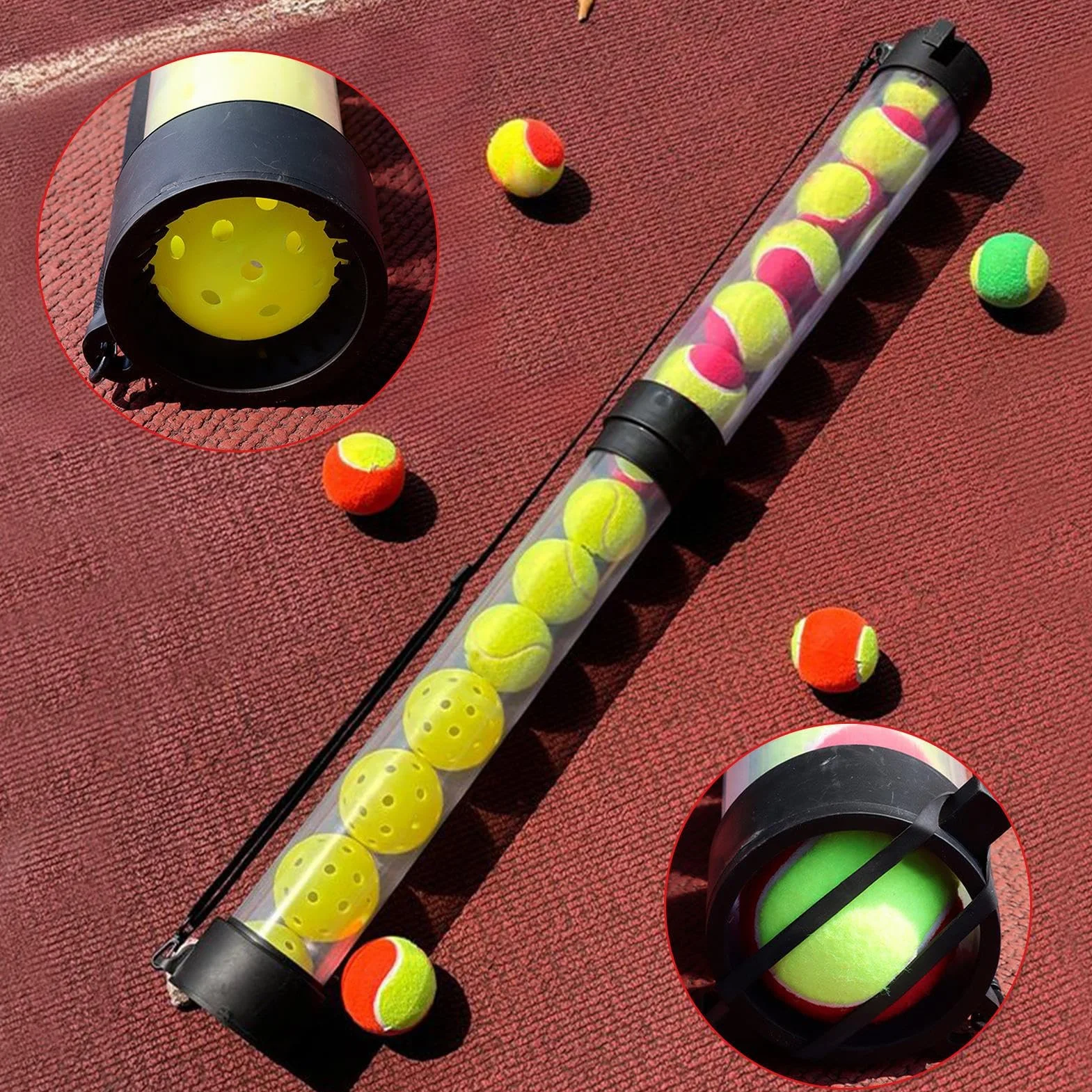 Tubo colector de pelotas de tenis portátil con correa para el hombro desmontable