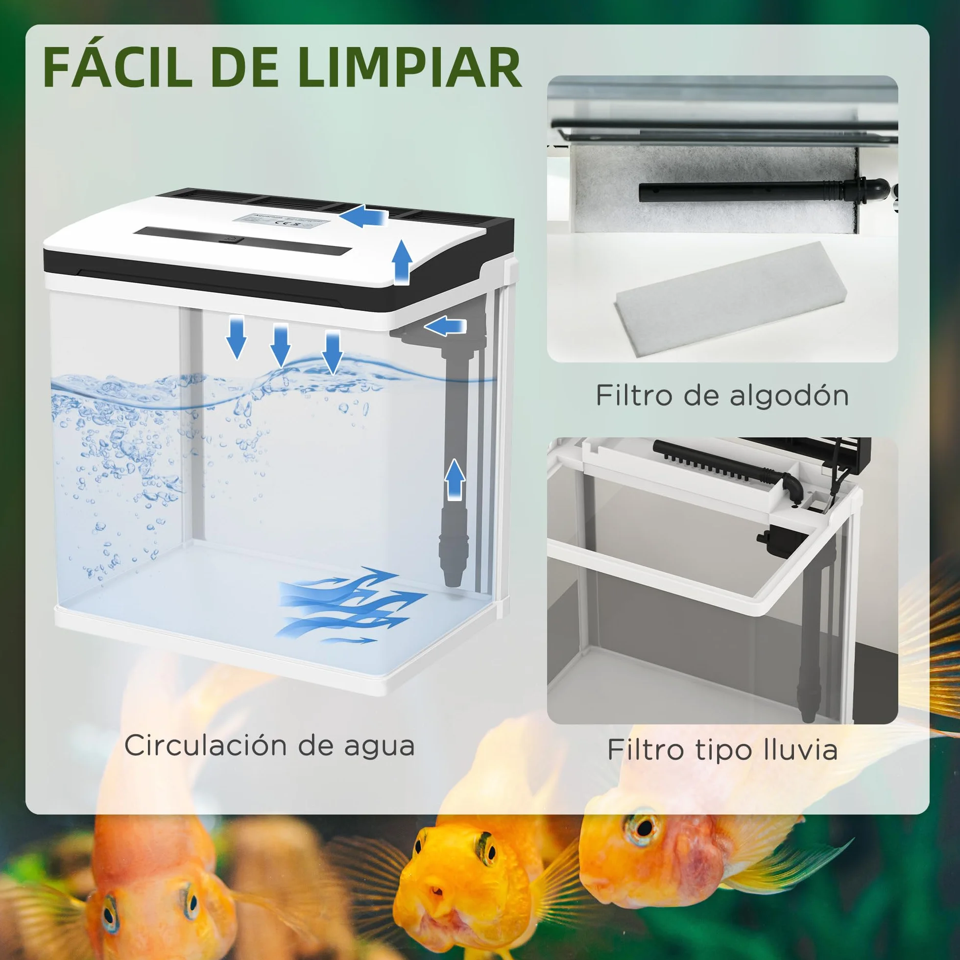 PawHut Acuario de Cristal de 13L Pecera Pequeña con Sistema de Filtro Iluminación LED Bomba de Agua 29x20x30,5 cm Blanco