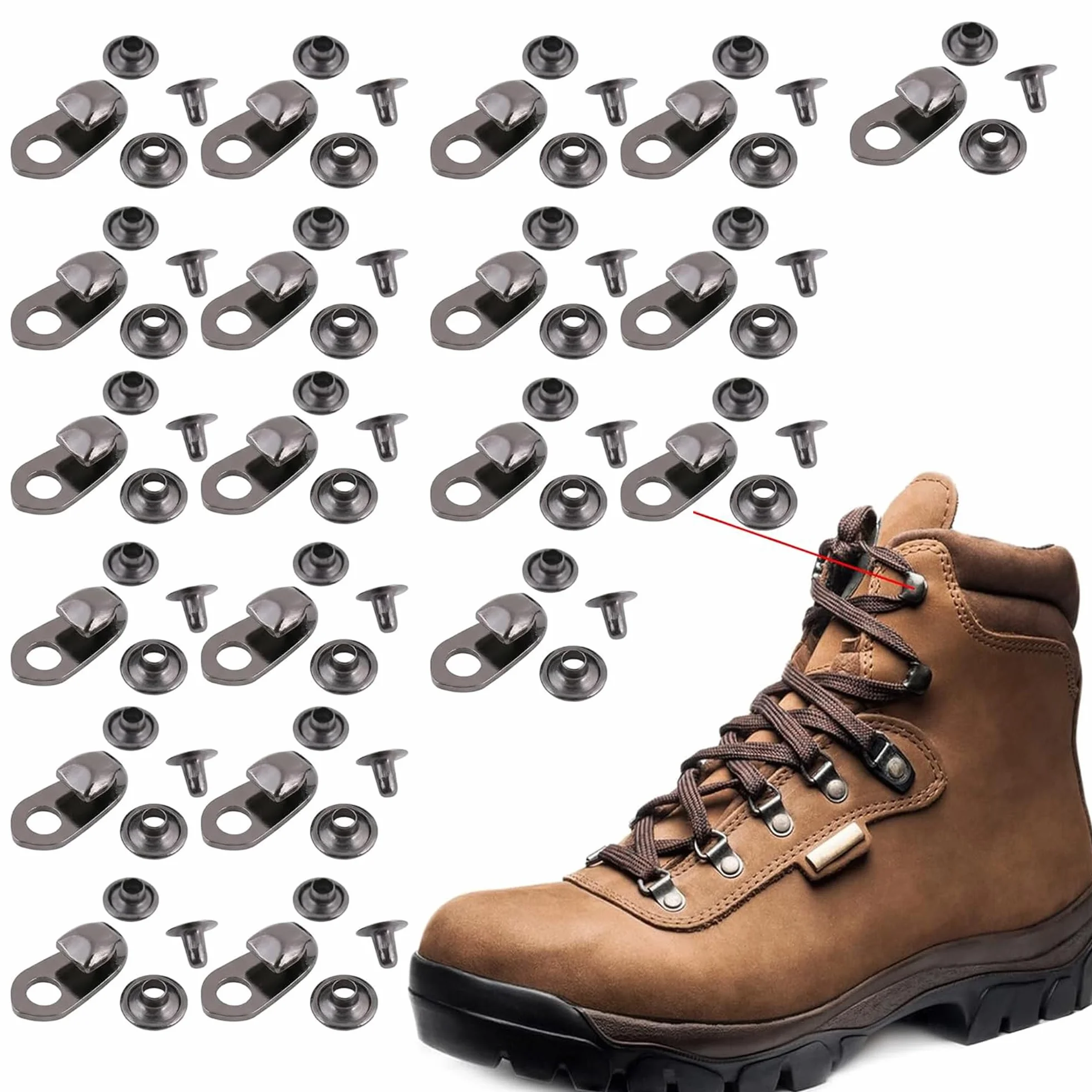 Ganchos de encaje para botas, remaches de aleación gris, ojales y hebillas de gancho rápido para reparación al aire libre