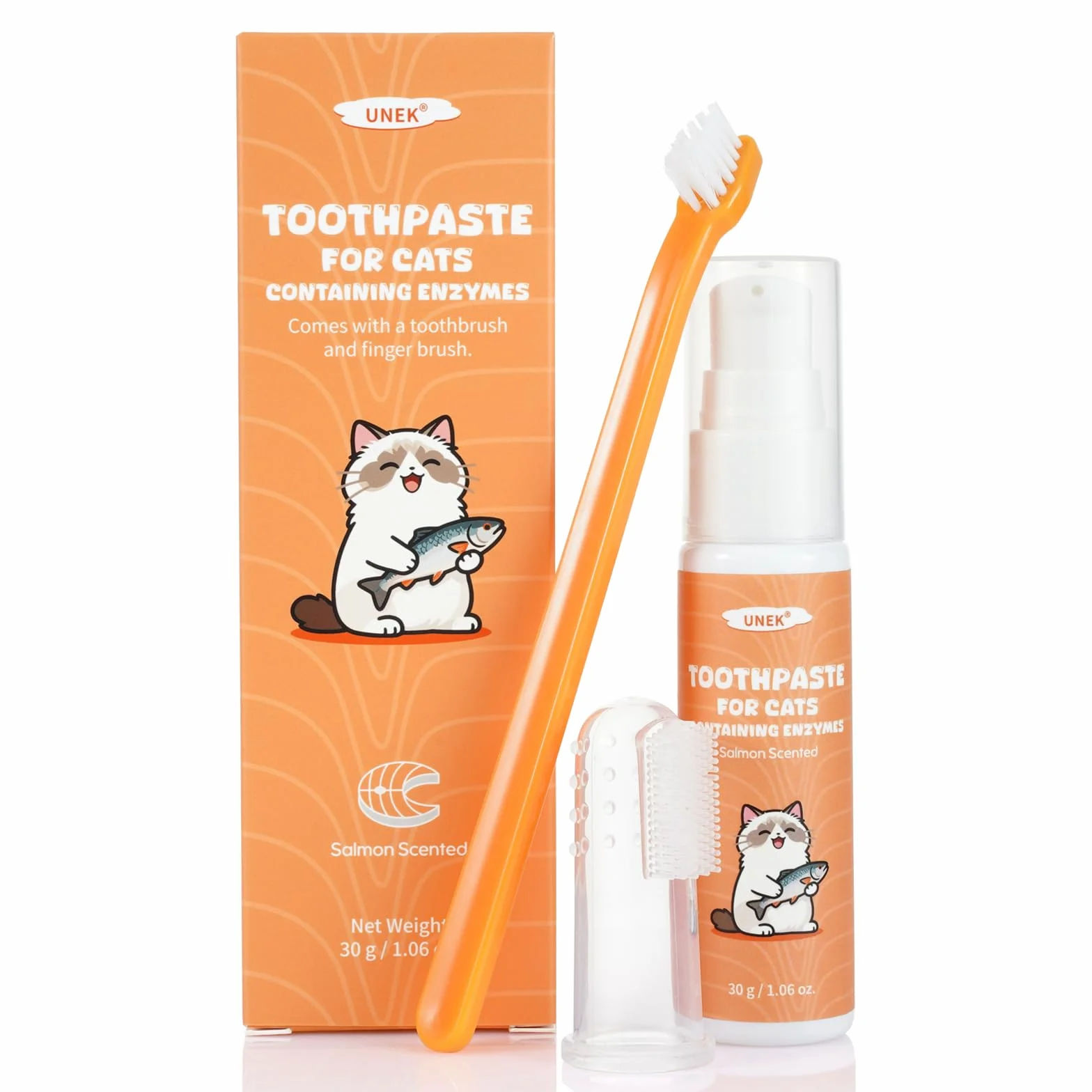UNEK Kit de cuidado dental para gatos – Pasta de dientes enzimática 30 g sabor salmón, con cepillo de dientes y cepillo de dedo, ayuda a reducir la placa y el mal aliento
