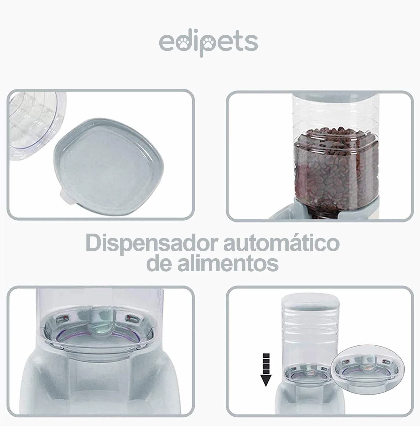 Edipets, Dispensador para Gatos y Perros, Comida y Agua, Pack 2 Unidades, Automático, 3.8 L c/u, Comedero, Alimentador y Bebedero para Mascotas (Gris)