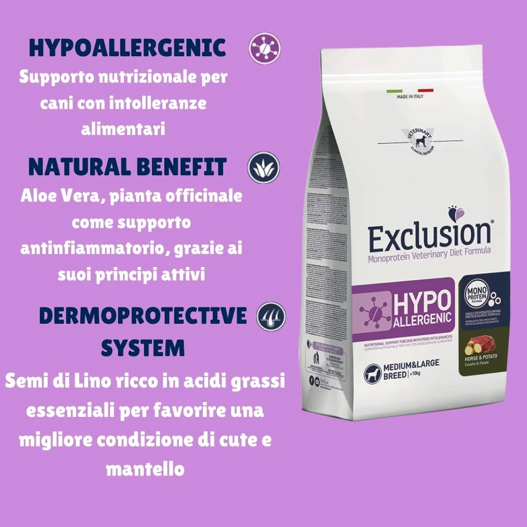 Exclusion Hypoallergenic Medium Adult Caballo y Patatas 2 kg, alimento completo hipoalergénico para perros adultos de talla media con intolerancias alimentarias.