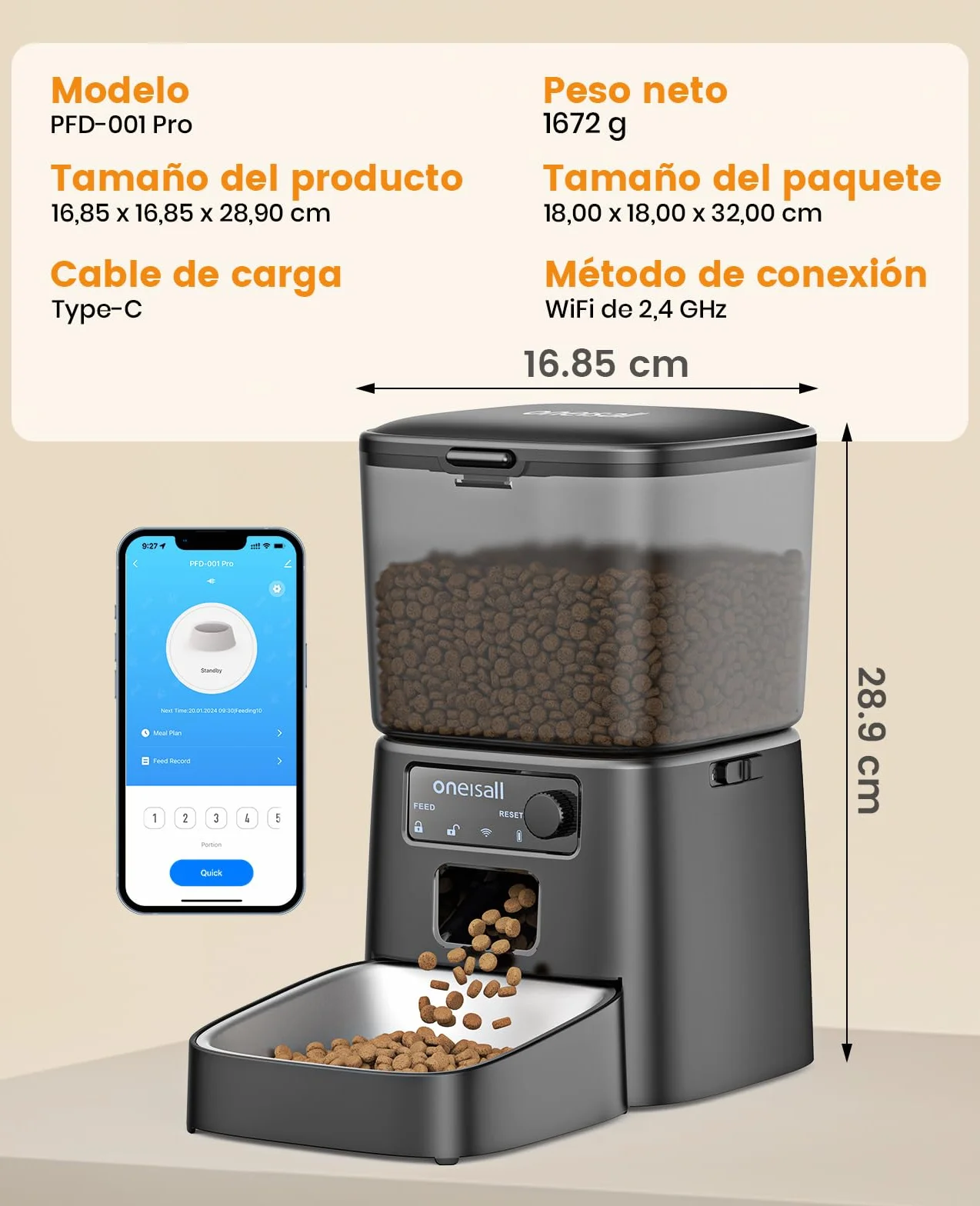 oneisall 3.5L Comedero automático para Gatos, Comedero Inteligente WiFi para Gatos, Control App, 1-10 Comidas al día, Dispensador de Comida para Gato/Perro, con Cuenco de Acero Inoxidable