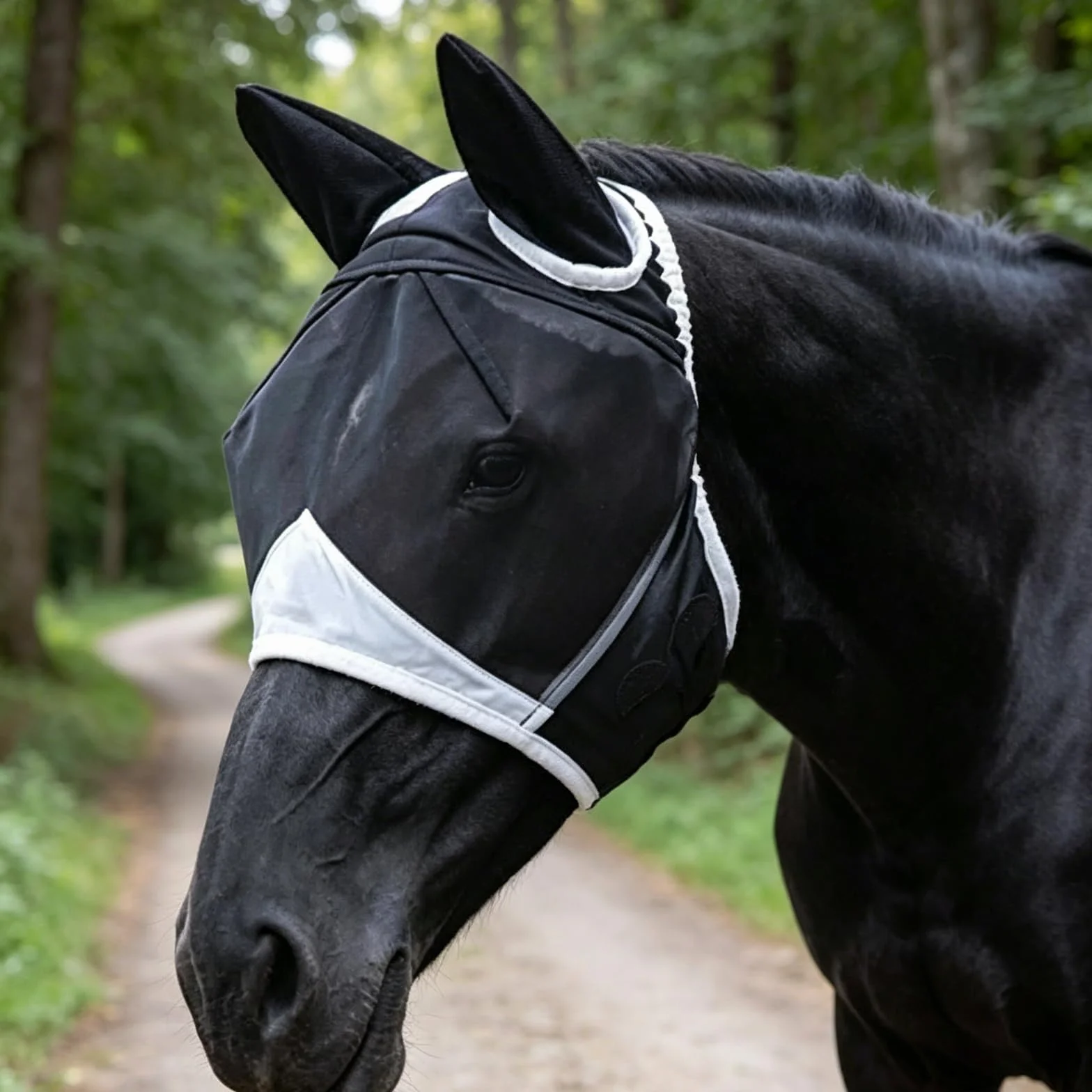 Máscara transpirable para moscas de caballo, máscara de mosca de caballo blanco y negro con orejas, tamaño ajustable (L)