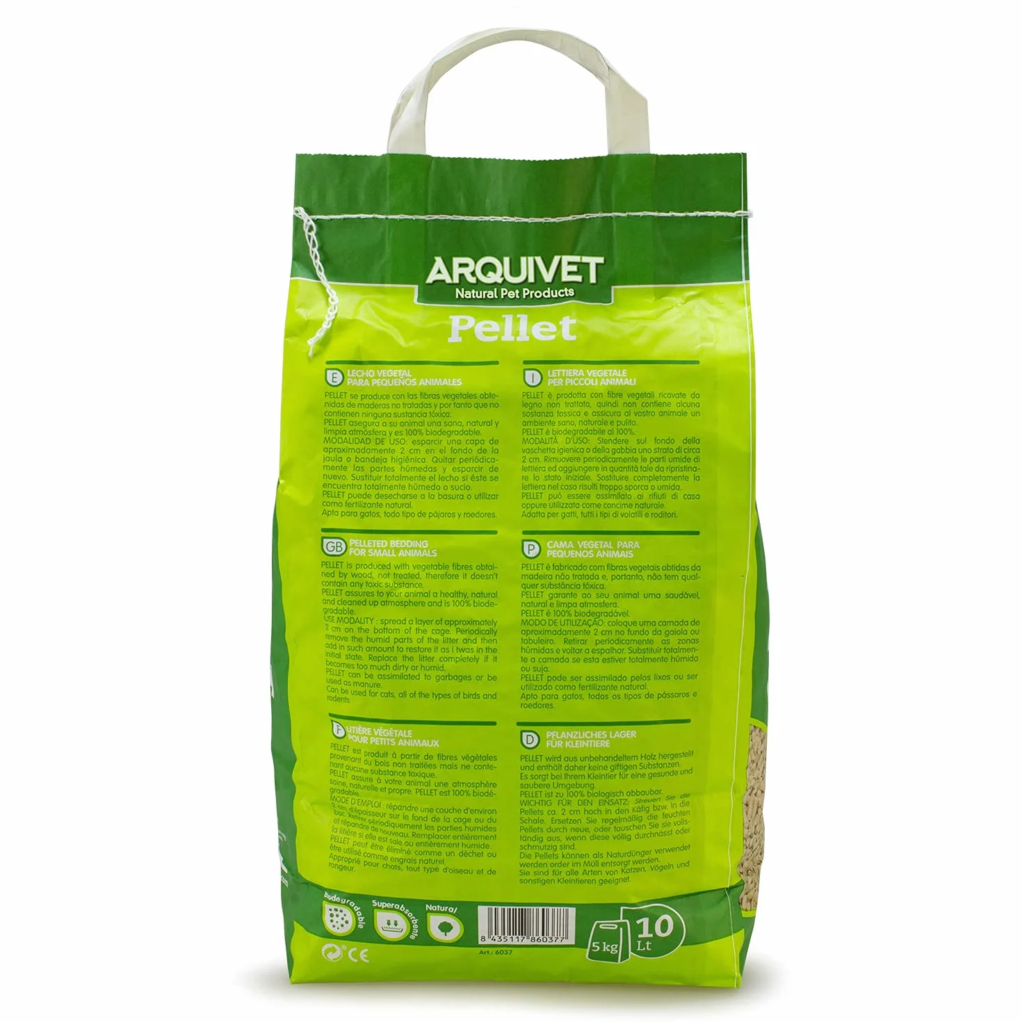 Arquivet Pellet - Lecho higiénico Natural, Vegetal, orgánico para Gatos y pequeños mamíferos roedores, 10 L