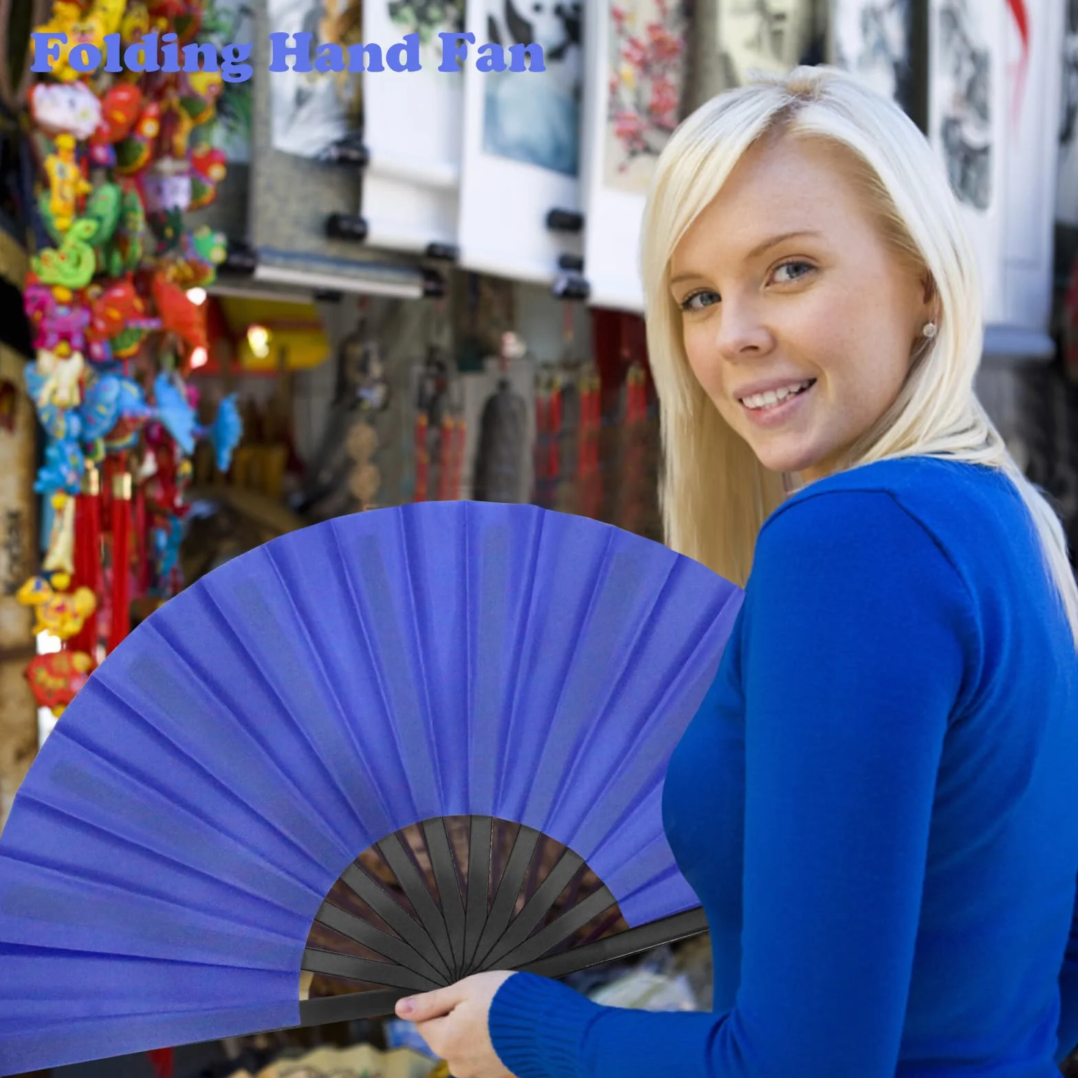Abanico de mano plegable HINGTAI para baile, claqué, estilo clásico, tela china, varillas de bambú, azul