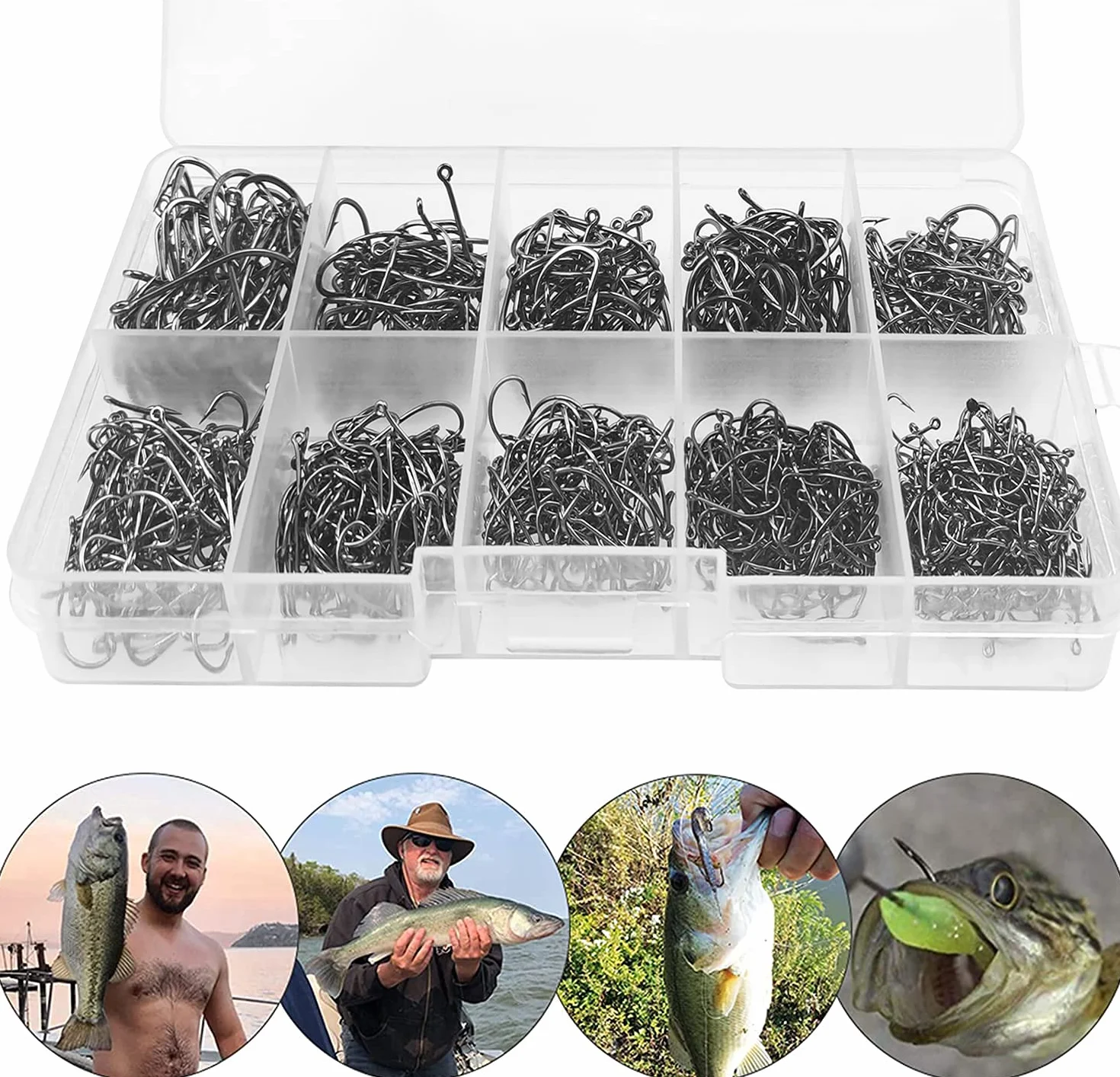 Kit De Pesca Completo 600 Anzuelos De Pesca 10 Tamaños Caja De Plástico Para Agua Salada Y Dulce