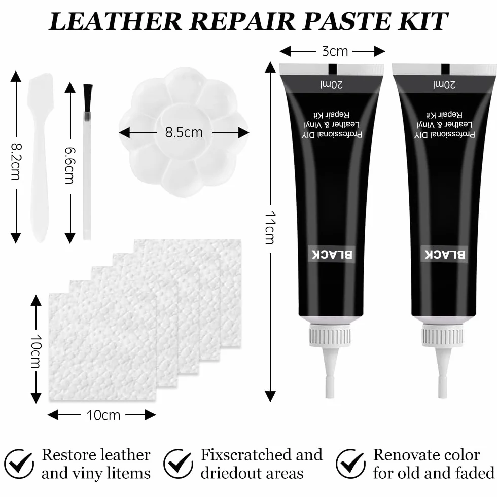 Crema de Reparación de Cuero, Kit de reparación de cuero de 2 piezas para reparar desgarros de muebles, sofá, chaqueta, asiento de barco, negro