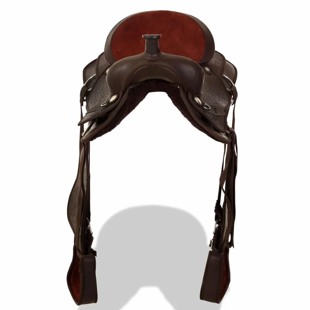 Sillín occidental de 16" marrón de piel auténtica con cabestro y pectoral, versátil silla de montar con asiento acolchado, resistente y correa ajustable para equitación y torneo