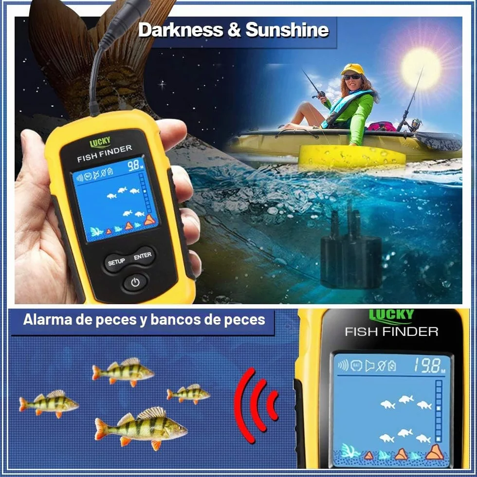 LUCKY Buscador de Peces Portátil con Sonda y Transductor para Kayak de Pesca Pantalla LCD