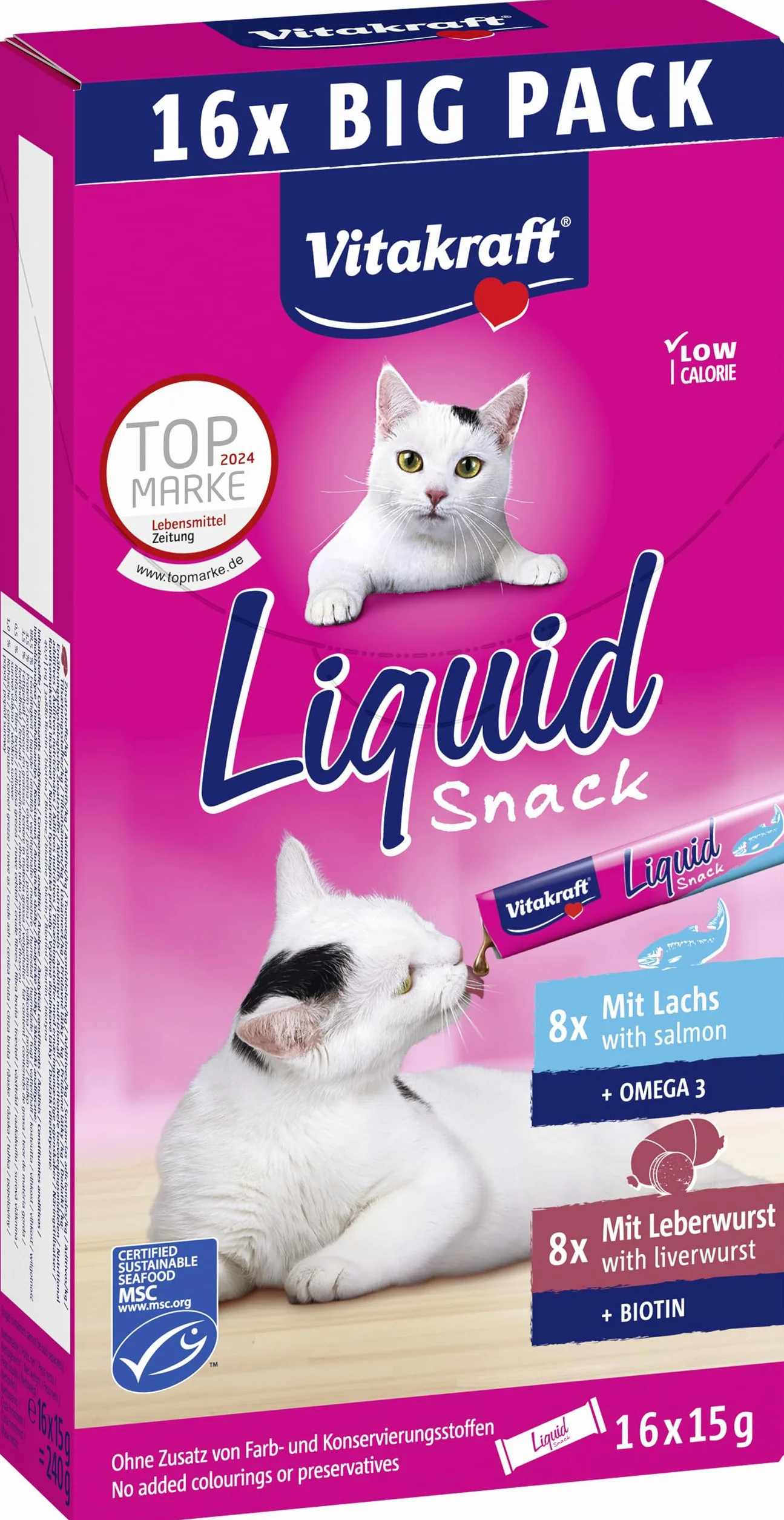 Vitakraft Liquid Snack, golosina para gatos, snack cremoso para gatos, con salchicha de hígado y biotina, con salmón y omega 3, en bolsitas individuales, 1 paquete de almacenamiento (16x 15g)