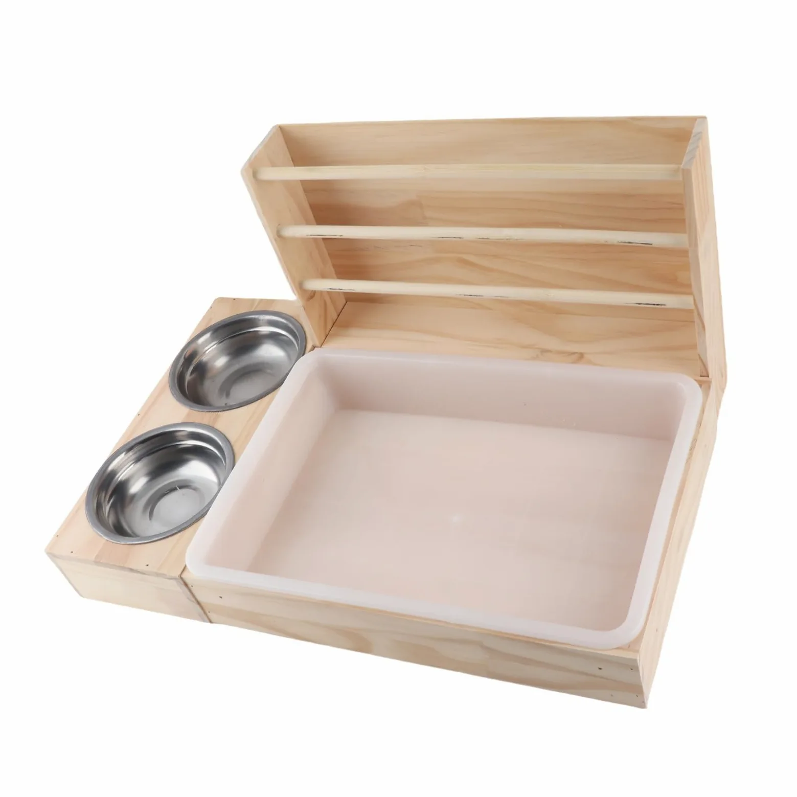 JTLB Comedero para heno 3 en 1 de madera con bandeja de para gatos y 2 comederos, gran capacidad, para cobayas, conejos y animales pequeños