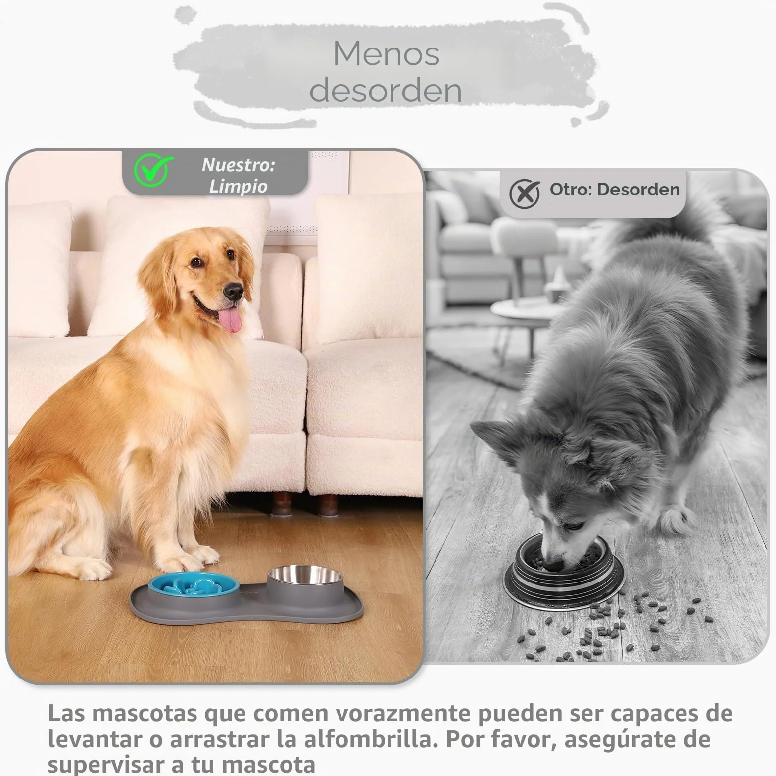 MateeyLife Juego de Boles para Perro 3 en 1, Comedero Antivoracidad Perro y Bebedero de Acero Inoxidable con Alfombrilla Antideslizante de Silicona, Cuencos para Perros de Todas Las Razas 43.7×25.9 cm