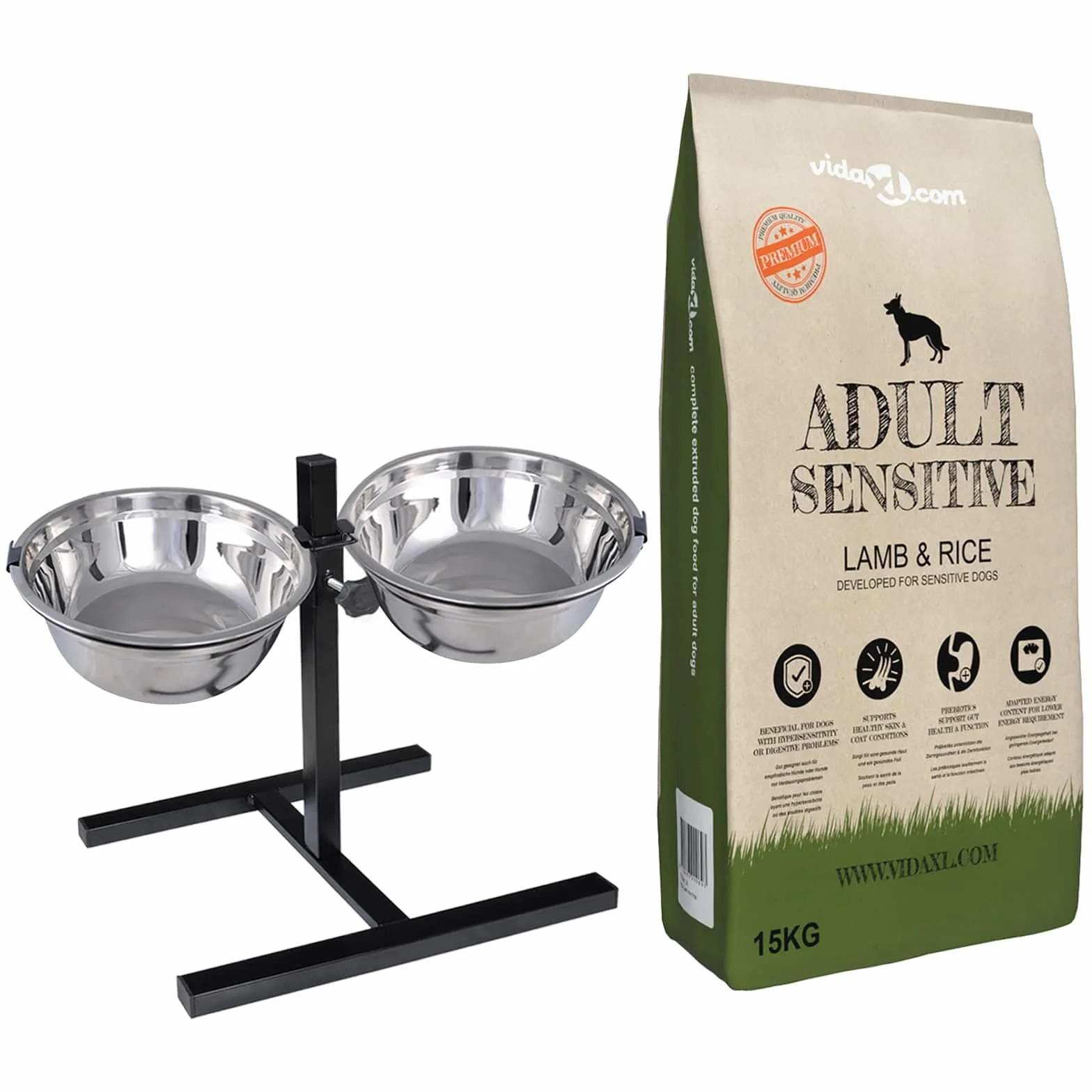 Comedero de acero inoxidable ajustable en altura con cuencos para perros y gatos, incluye 15 kg de comida seca, práctica estación para bebedero de agua, diseño duradero, para interior y