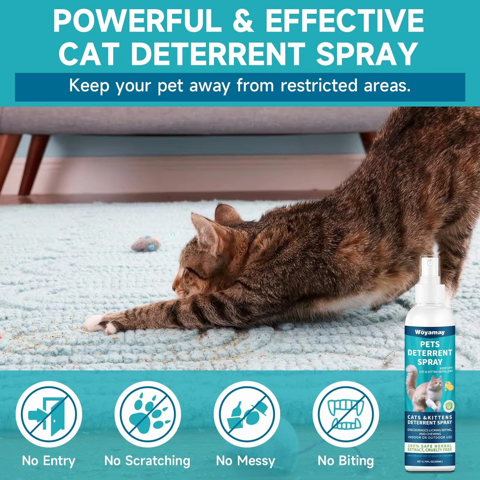 Woyamay Spray Antiarañazos Gatos, Spray Repelente Gatos en Interiores y Exteriores, Spray Ahuyentador de Gatos Que Rascan, Mantiene a Las Mascotas Fuera de Las Áreas De Acceso, Protege Muebles, 200ml