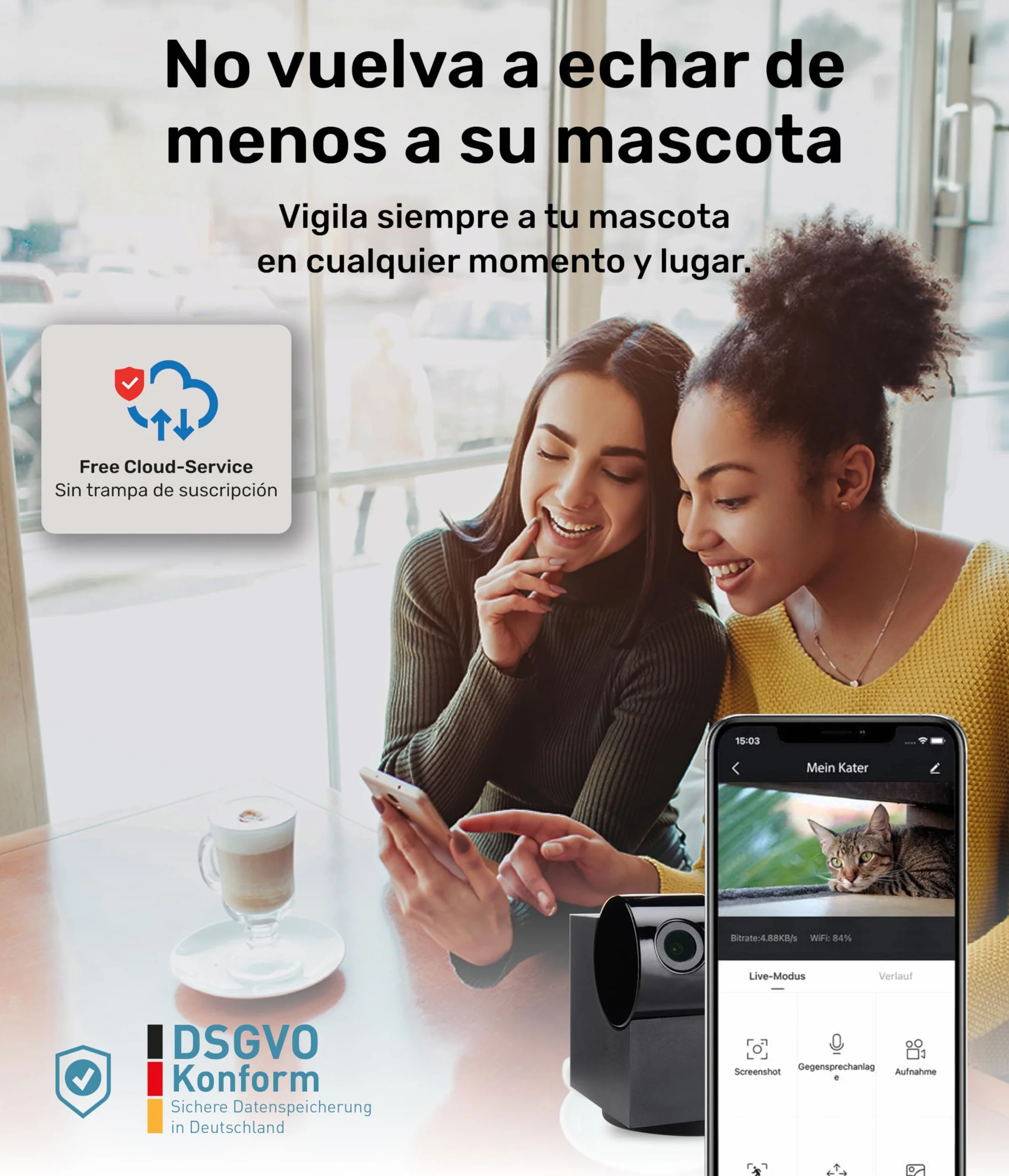 PetTec® CAM 360° Cámara para Mascotas con App [SIN SUSCRIPCIÓN] - Cámara para Perros y Gatos en Casa con Detección de Movimiento y Visión Nocturna - Vista Completa HD 360° Panorámica e Inclinable