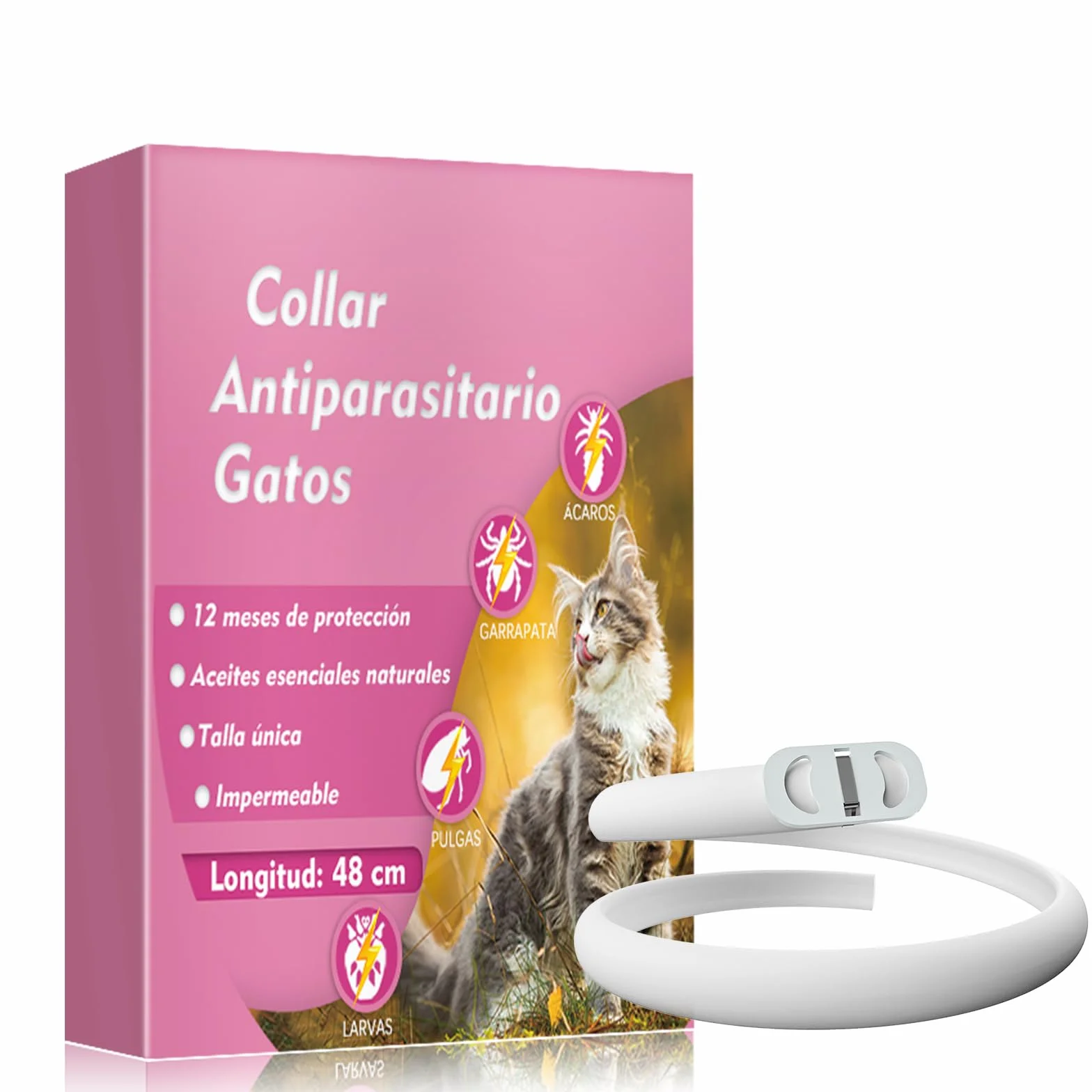 Collar Antiparasitario Gatos, Natural Collar Antipulgas Gatos, Protección Impermeable de 12 Meses, Ajustable 48 cm