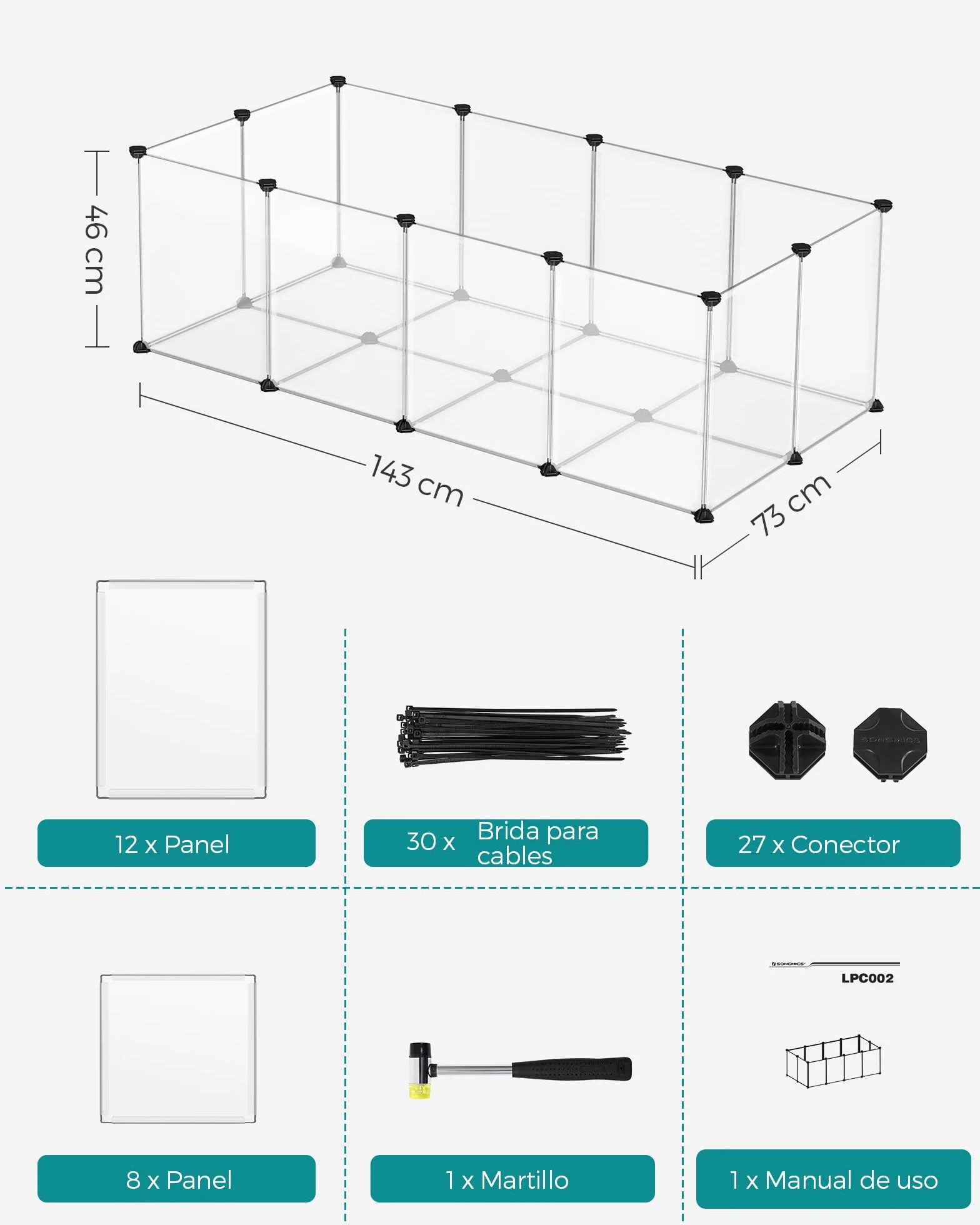 SONGMICS Valla para Mascotas, Parque para Cobayas con Suelo, Recinto Interior de Plástico Transparente para Hámsters, Conejos, Erizos, para Animales Pequeños, 143 x 73 x 46 cm, Blanco LPC02W