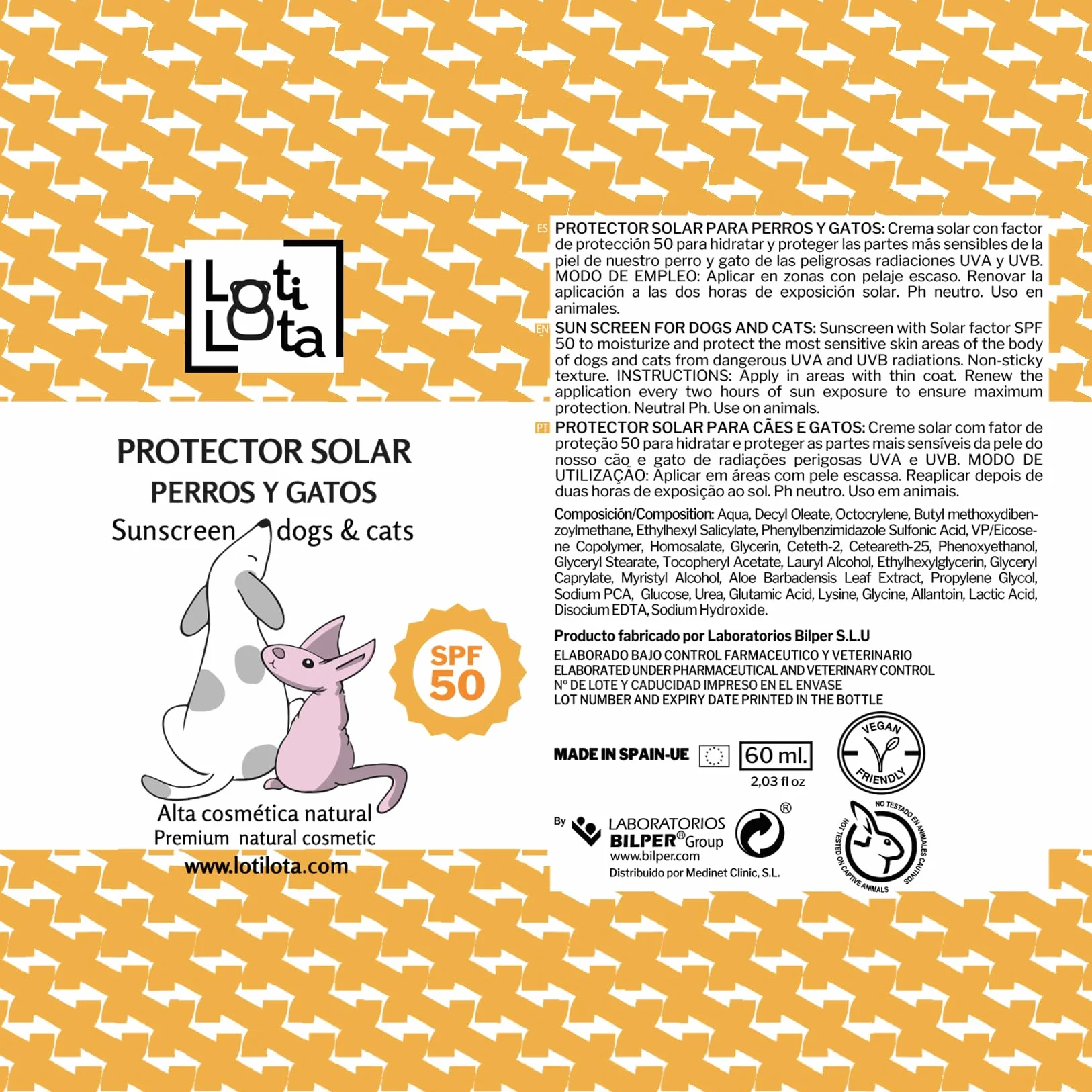 Protector Solar 50 para Perros y Gatos - 60 ml - Máxima Protección Solar - Resistente al Agua - Hidrata y Protege - pH Neutro