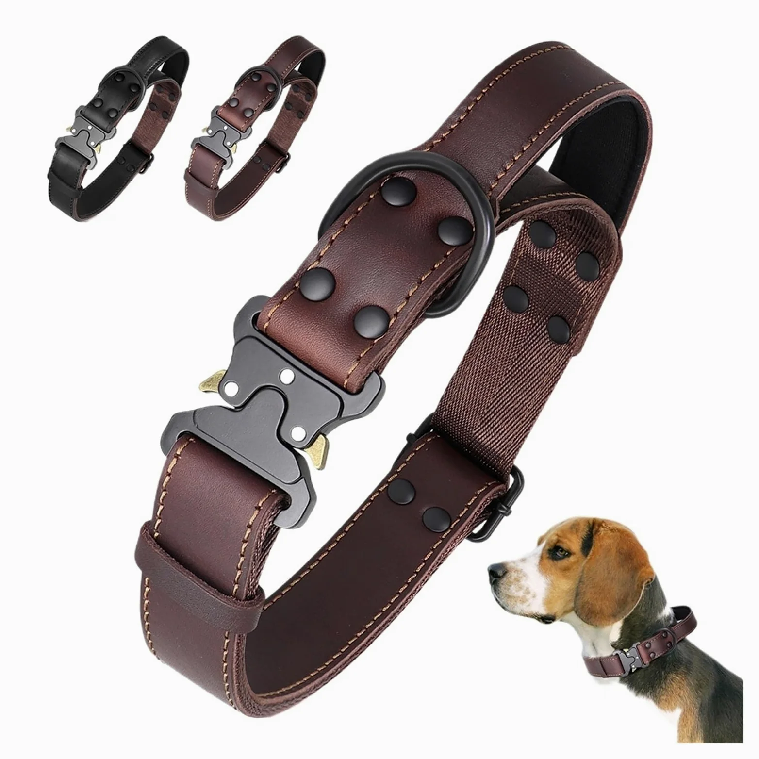 Collar de Perro de Cuero Real Suave, Collares duraderos genuinos con Mango de Hebilla Segura for Perros medianos Grandes, Pastor alemán(Brown,M)