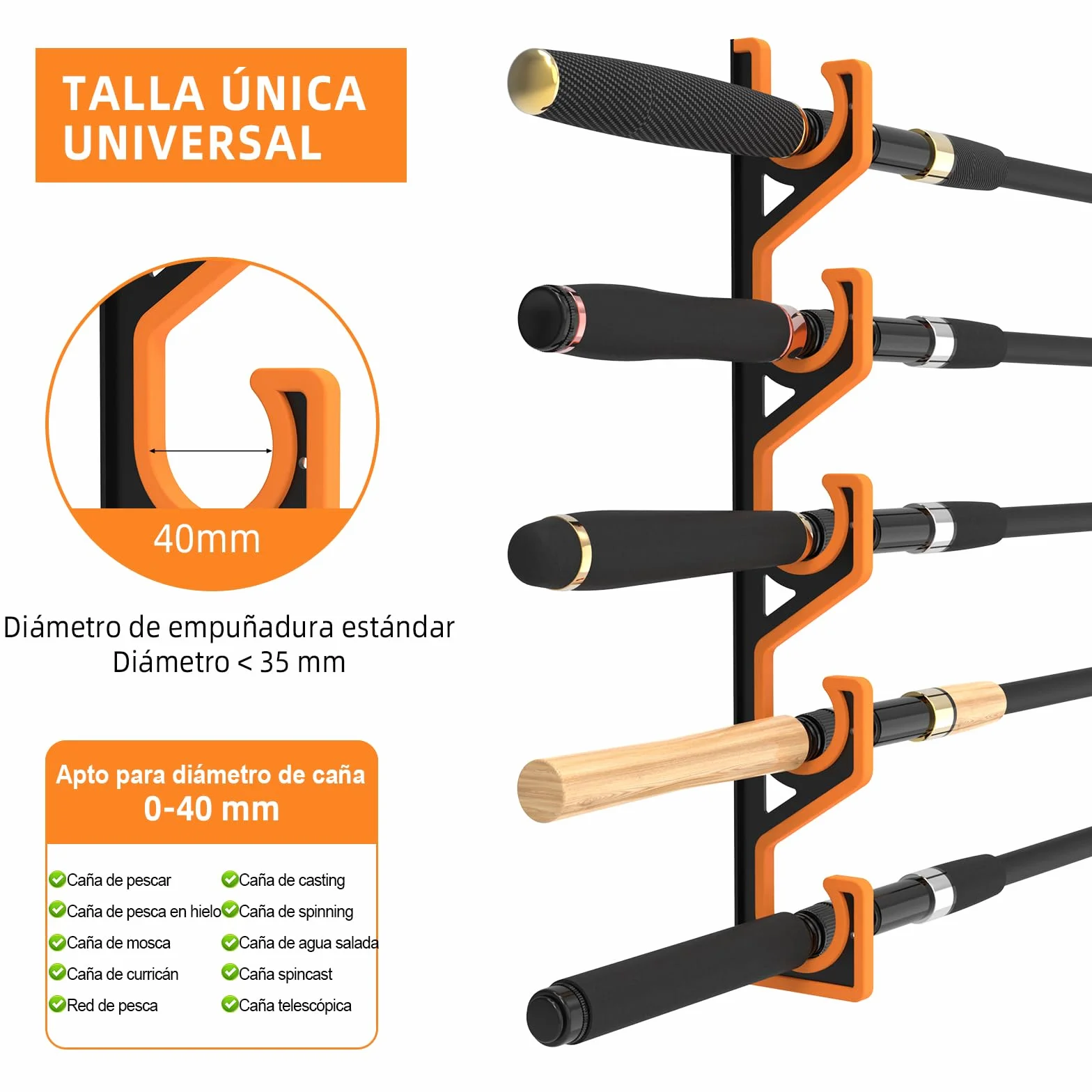 Soporte Cañas Pescar Pared Techo, Organizador Horizontal 5 Cañas, Porta Cañas Pescar Garage Goma PU, Estante Antiarañazos Negro Amarillo