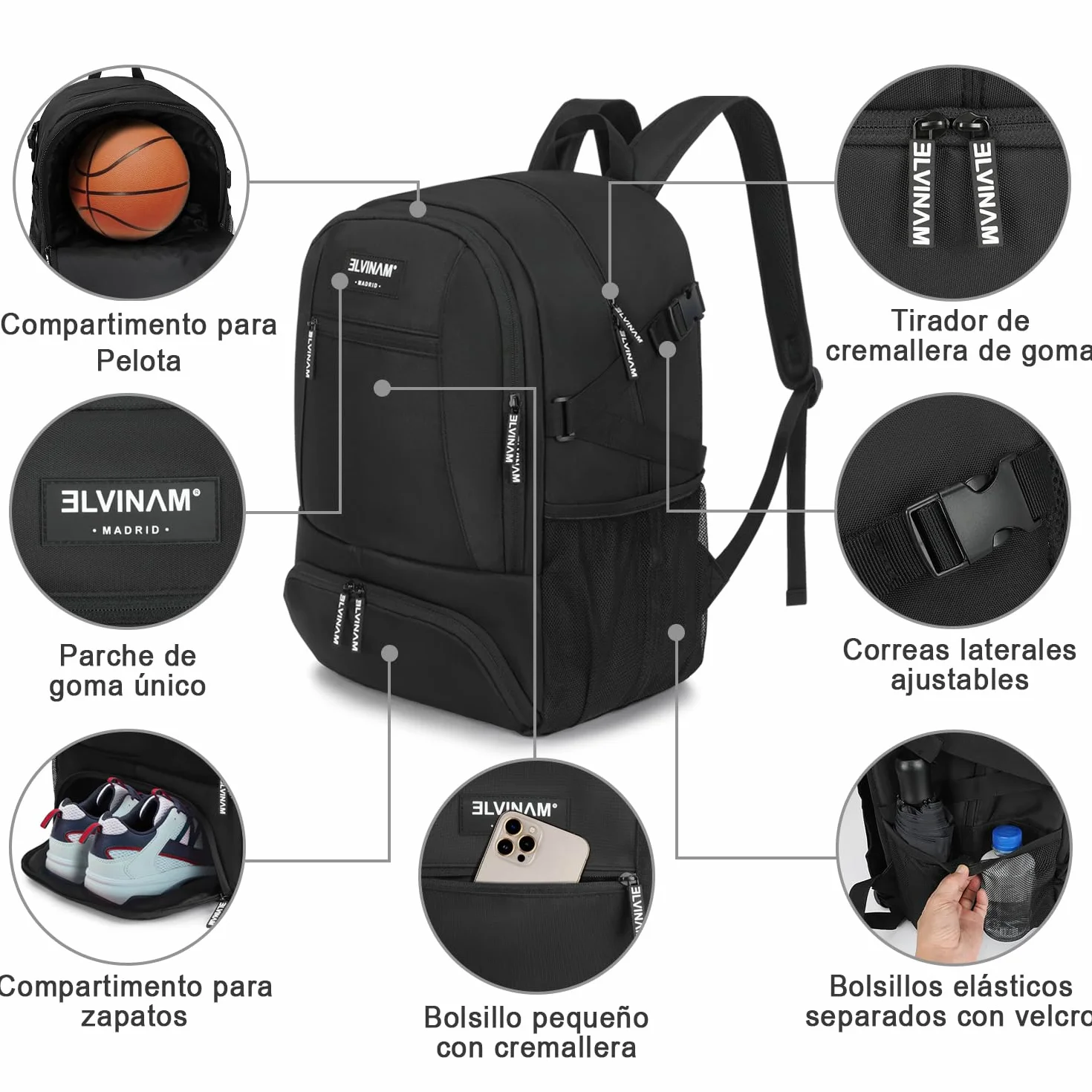 Mochila Baloncesto Impermeable Grande con Compartimento para Balón y Zapatillas