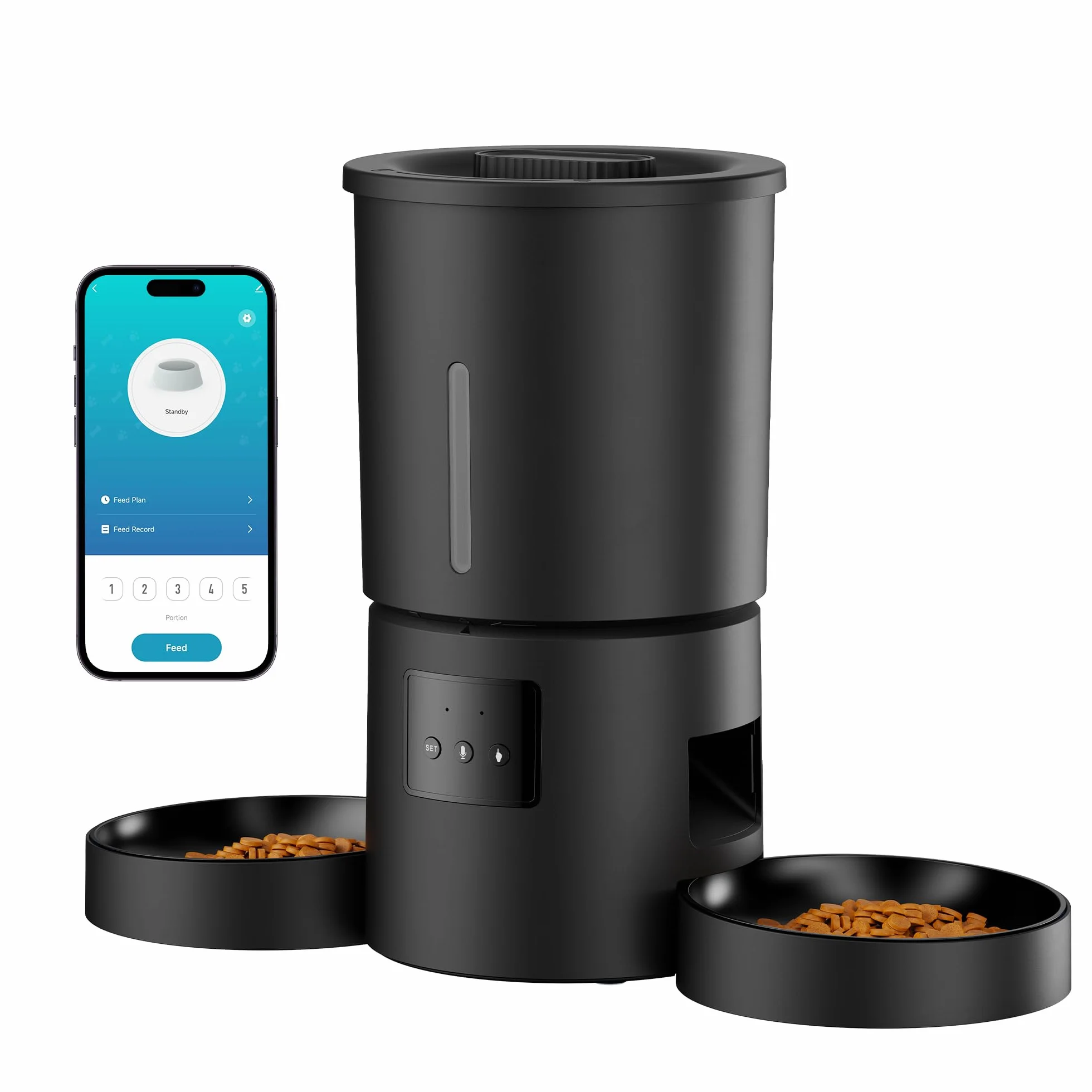 Comedero Gato Automático Doble & App: Dispensador Automático de 5L con WiFi 2.4G y Temporizador para Comida Seca - Diseño de Comedero Doble AONBOY para Múltiples Gatos y Perros - Negro