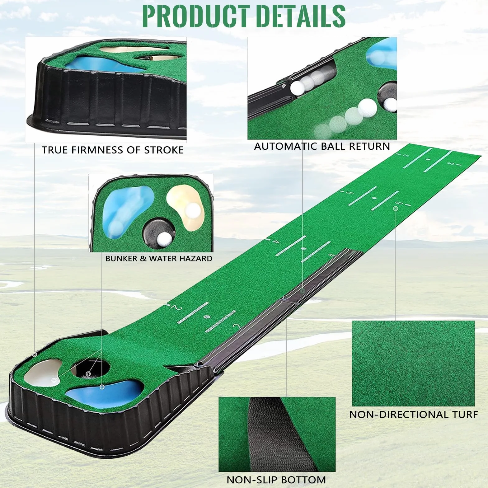 Juego de tapete de golf para interiores verde con bola automática y 3 agujeros ayuda de entrenamiento práctica