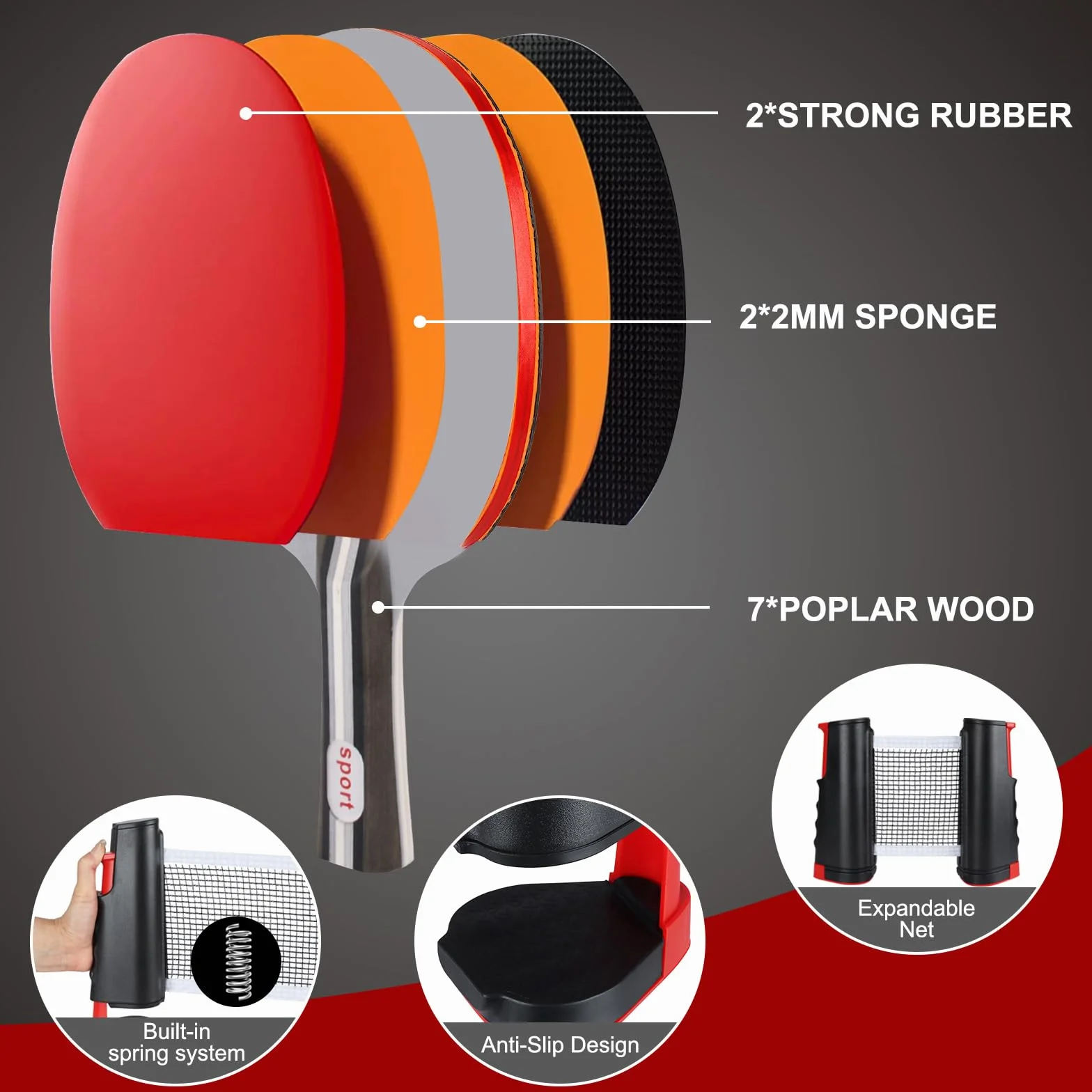 Set de Ping Pong, 2 Raquetas, 4 Pelotas, Red Plegable, Bolsa de Transporte