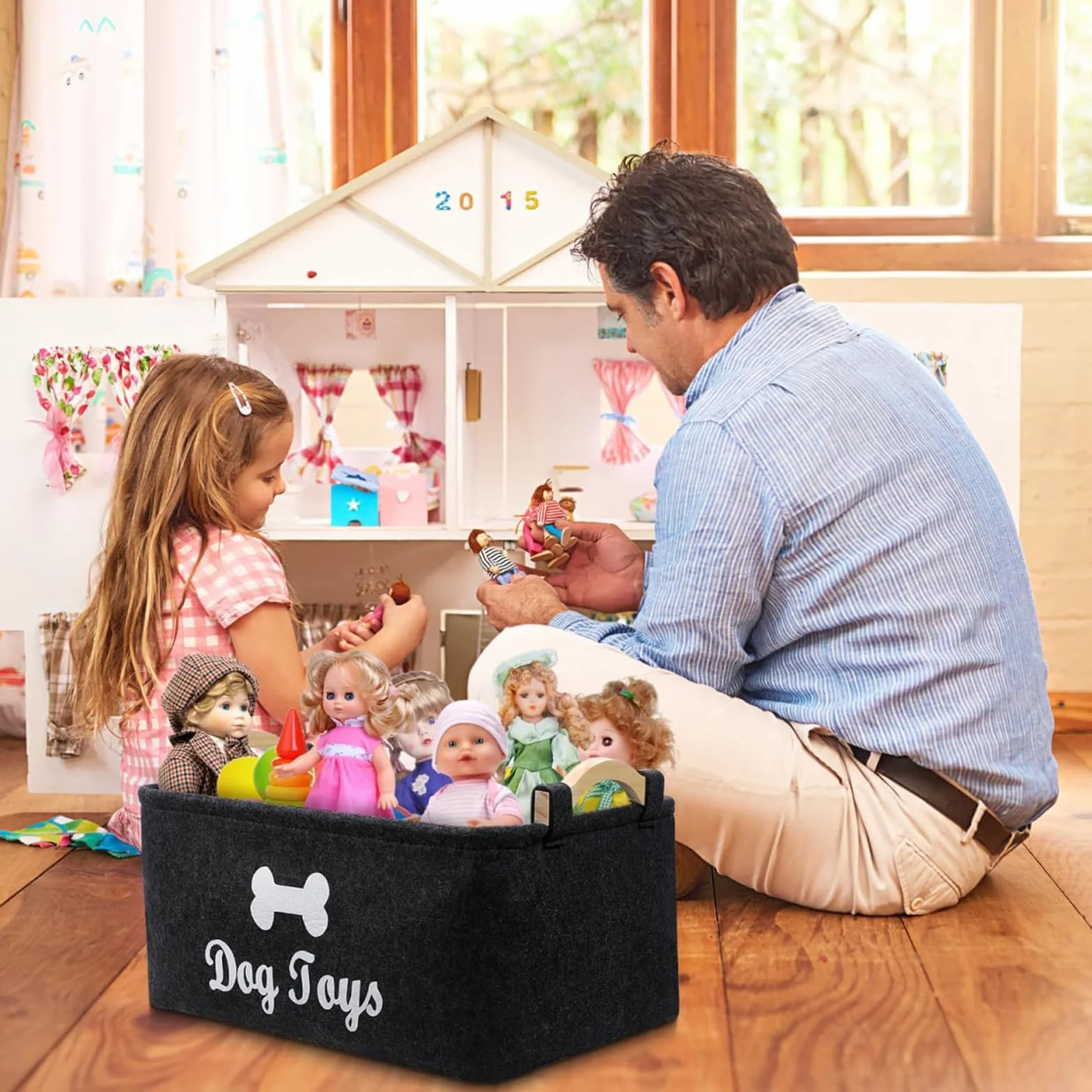 Cesta de Fieltro, Caja de Juguetes para Perros con Mango Madera, Cesta de Almacenamiento Juguete para Perros Versátil, Organizar Comida, Juguetes Accesorios Mascotas