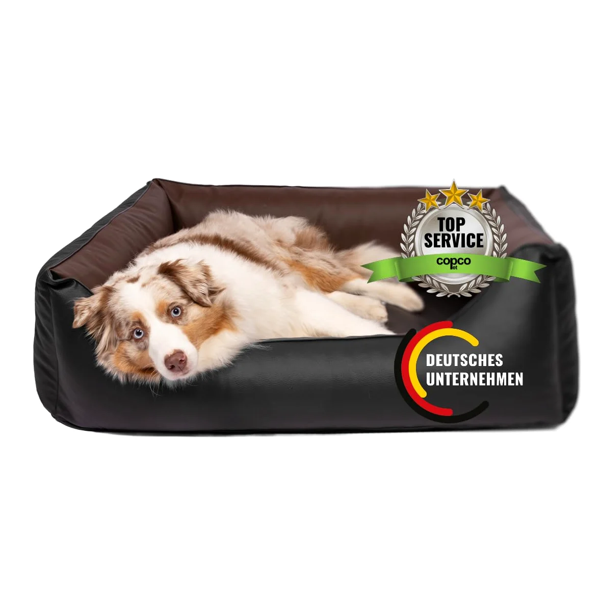 Cama para perros CopcoPet Rocco 2 en 1, impermeable y de piel sintética, con colchón de plástico para perros con espuma de copos o espuma viscoelástica ortopédica
