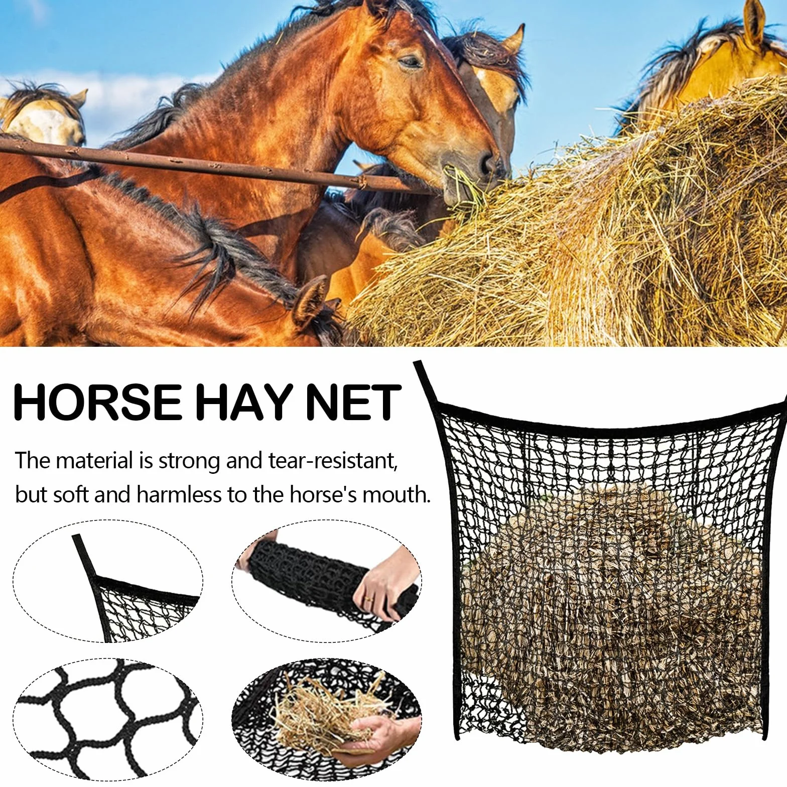2 Piezas Redes Heno Para Caballos, 90X80 Cm, Red De Heno Grande Para Granja Con 4 Ganchos A PresióN Red De Heno De Malla Fina Negra Para Caballos Ganado Y Ovejas