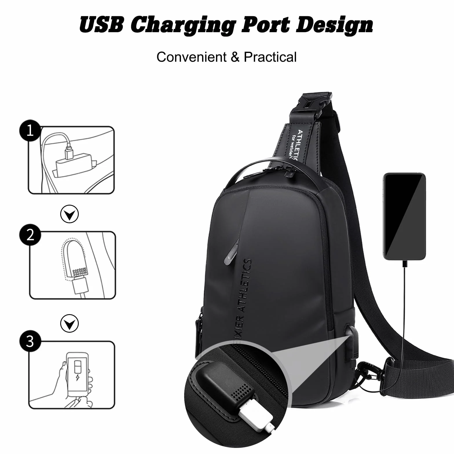 FANDARE Bandolera Hombre Bolsa Cruzada con Puerto de Carga USB Nailon Negro