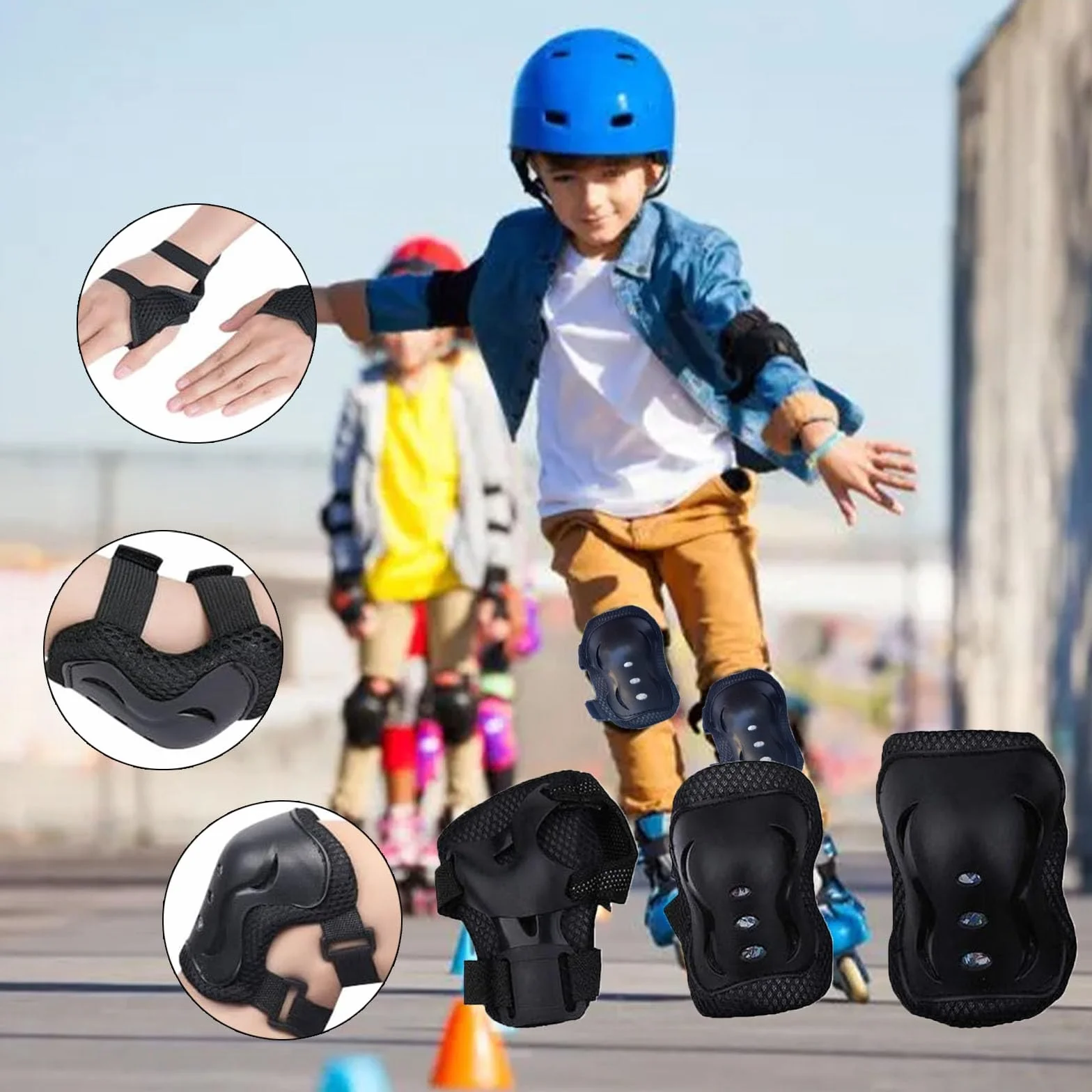 Set de Protección Infantil Negro Rodilleras Coderas Muñequeras 6 Piezas para Patines Bicicleta
