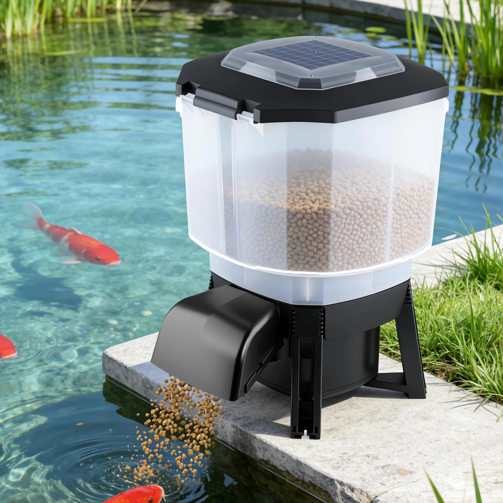 Alimentador solar automático de peces para estanque, alimentador automático de peces Koi para exteriores | Gran capacidad de 23 L, temporizador automático programable, batería y energía eléctrica de CA