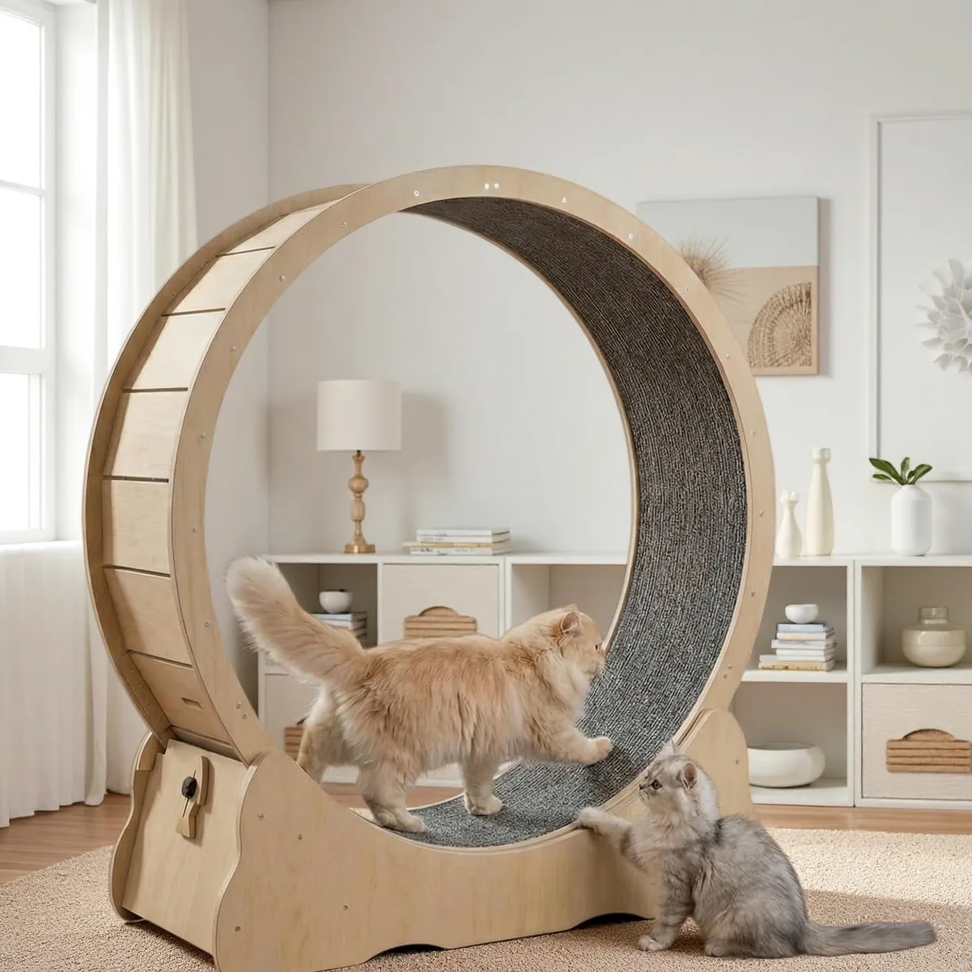 Bicicleta de paseo para gatos, 132 cm, cinta de correr con suelo de moqueta, dispositivo de fitness para perder peso, para una vida más larga del gato (madera natural, XXL)