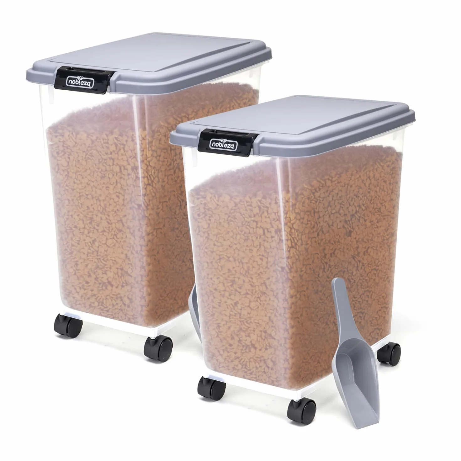 Nobleza - 2 Piezas Contenedor de Comida para Mascotas 40L, Mascotas Caja de Alimentos con Ruedas Contenedor, Tapa abatible, hermética, Transparente, Ruedas y Pala, para Comida para Perros y Gatos