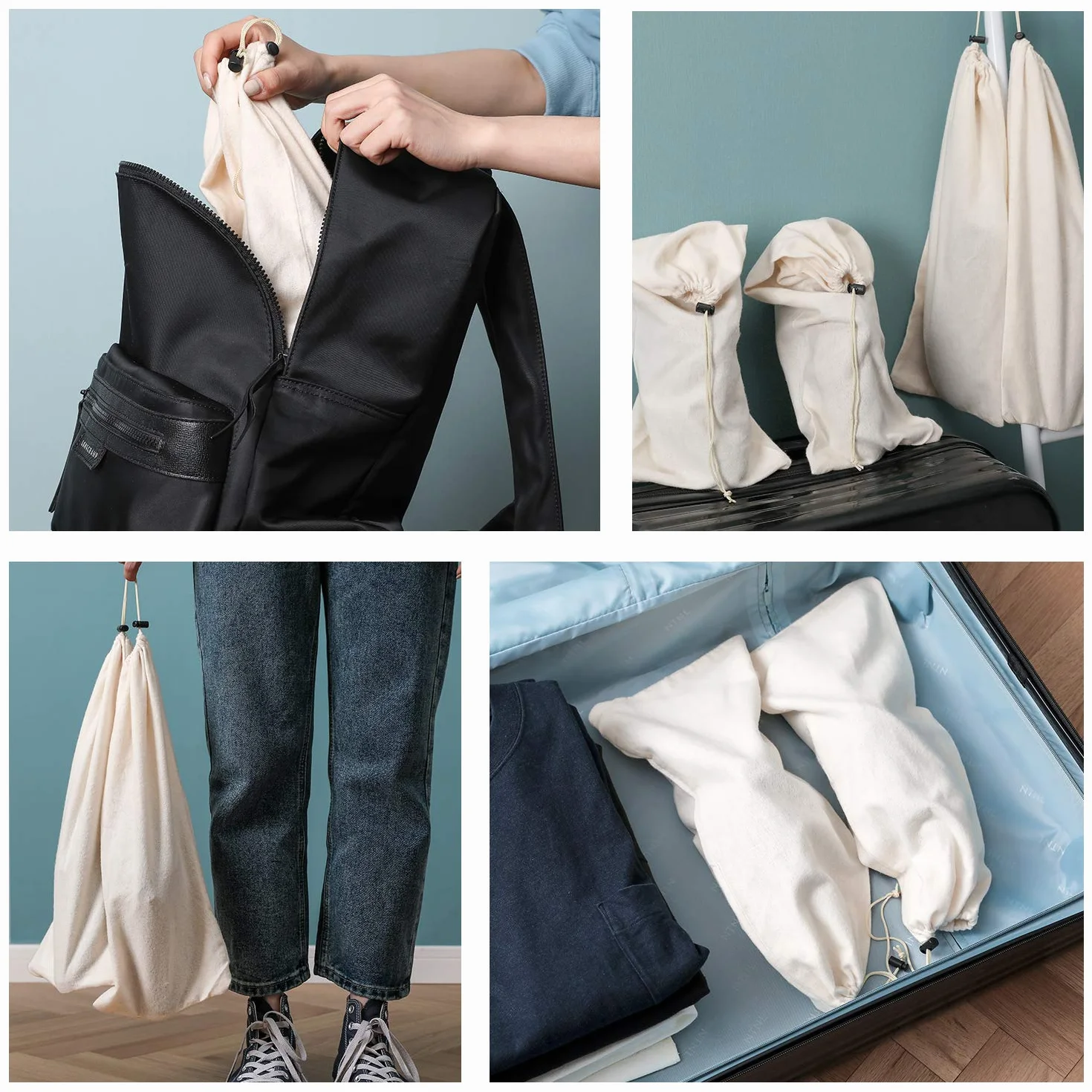 Bolsa para Guardar Zapatos 100% Algodón con Cordón, Juego de 4 Piezas para Viaje y Almacenamiento