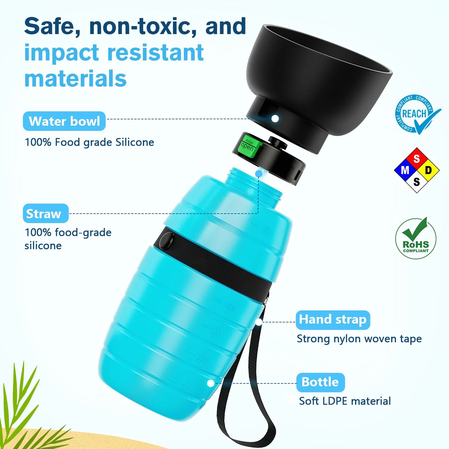 Pecute Botella de Agua para Perros (Azul 500ml) con Cuenco de Agua Plegable Botella de Agua de Silicona de Grado Alimentario para Perros Gatos, 100% Libre de Fugas de Agua