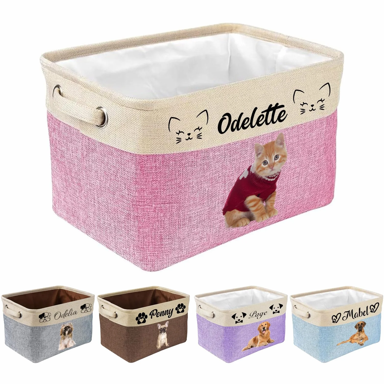 Cesta de almacenamiento personalizada para juguetes de perro, cesta plegable personalizada para mascotas con nombre y foto, cesta para juguetes de perro y suministros para mascotas (Rosa)