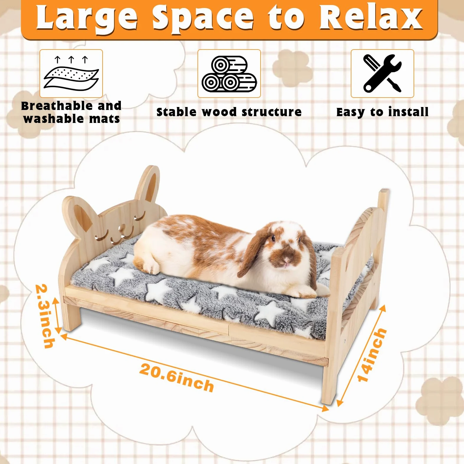 BWOGUE Cama grande de madera para conejos, cama plegable 2 en 1 para mascotas con cojín extraíble, cama de animales pequeños para conejos, conejos, cobayas, gatitos, cachorros, hábitat para dormir