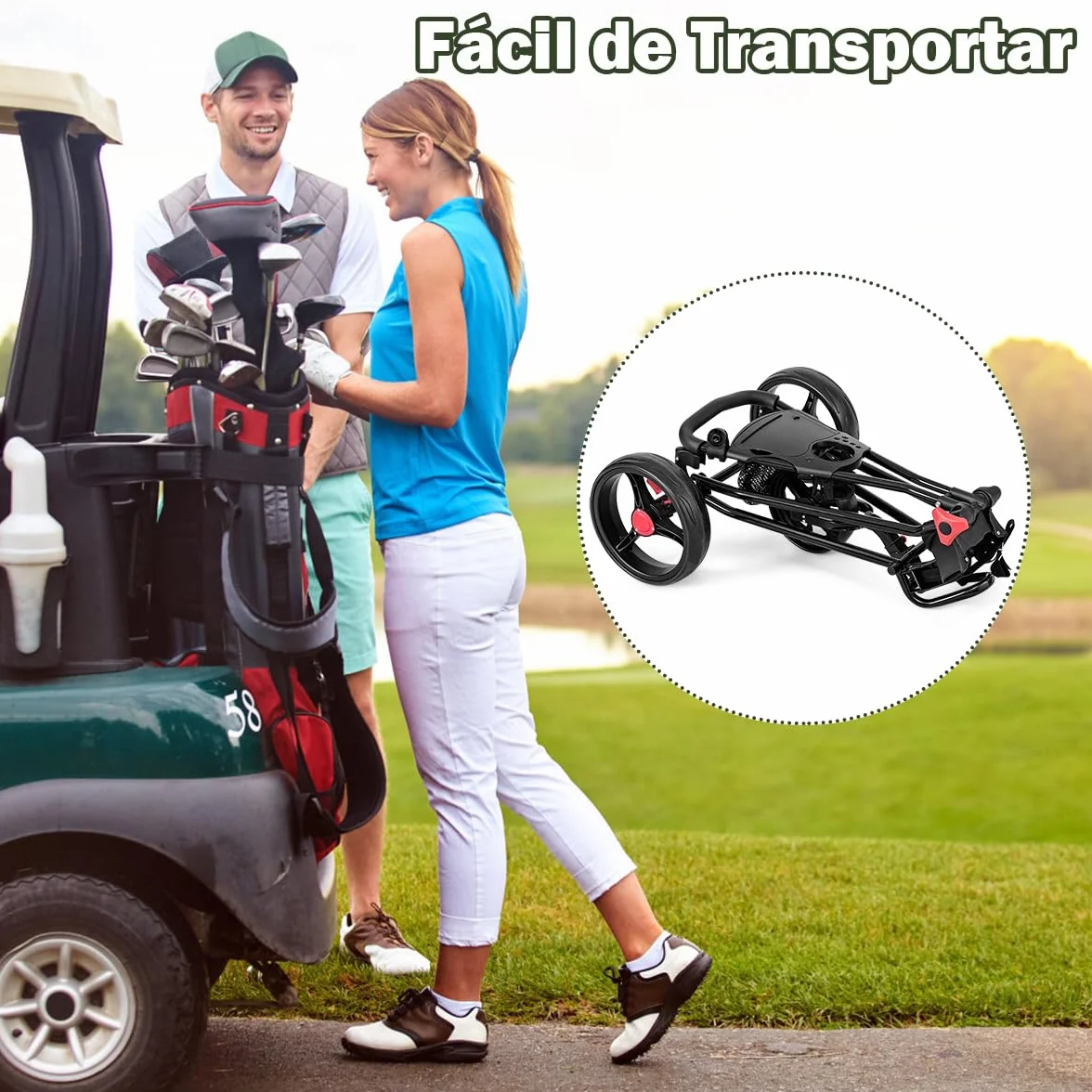 GYMAX Carro de Golf Plegable, 3 Ruedas, Red de Malla, Soporte Paraguas, Hierro, Negro