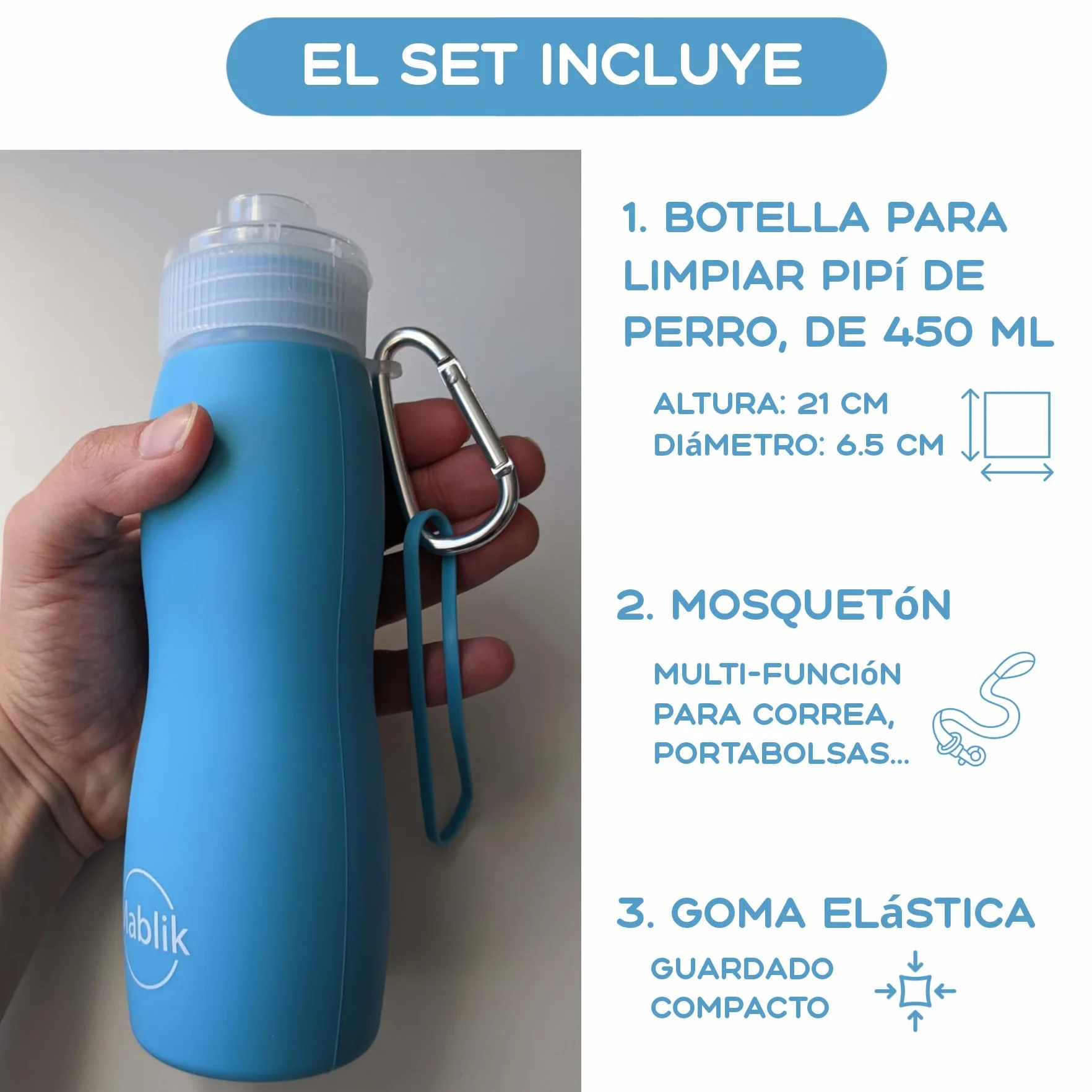 Botella Pipi Perros Silicona 450 ml, Color Azul. Botella Pipi Perros Calle, Plegable y Portátil Antigoteo, Resistente, Chorro a Presión. con Mosquetón y Goma Elástica. (Azul 450 ml)