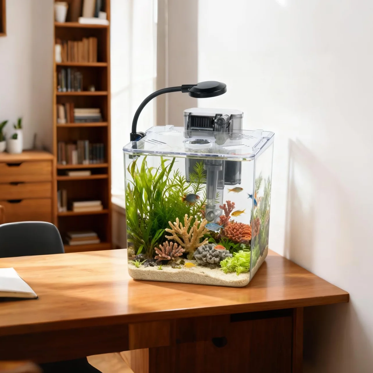 Set de acuario de 5 l para principiantes, 18 x 18 x 18 cm, mini acuario de plástico con lámpara LED y filtro USB, 5 l