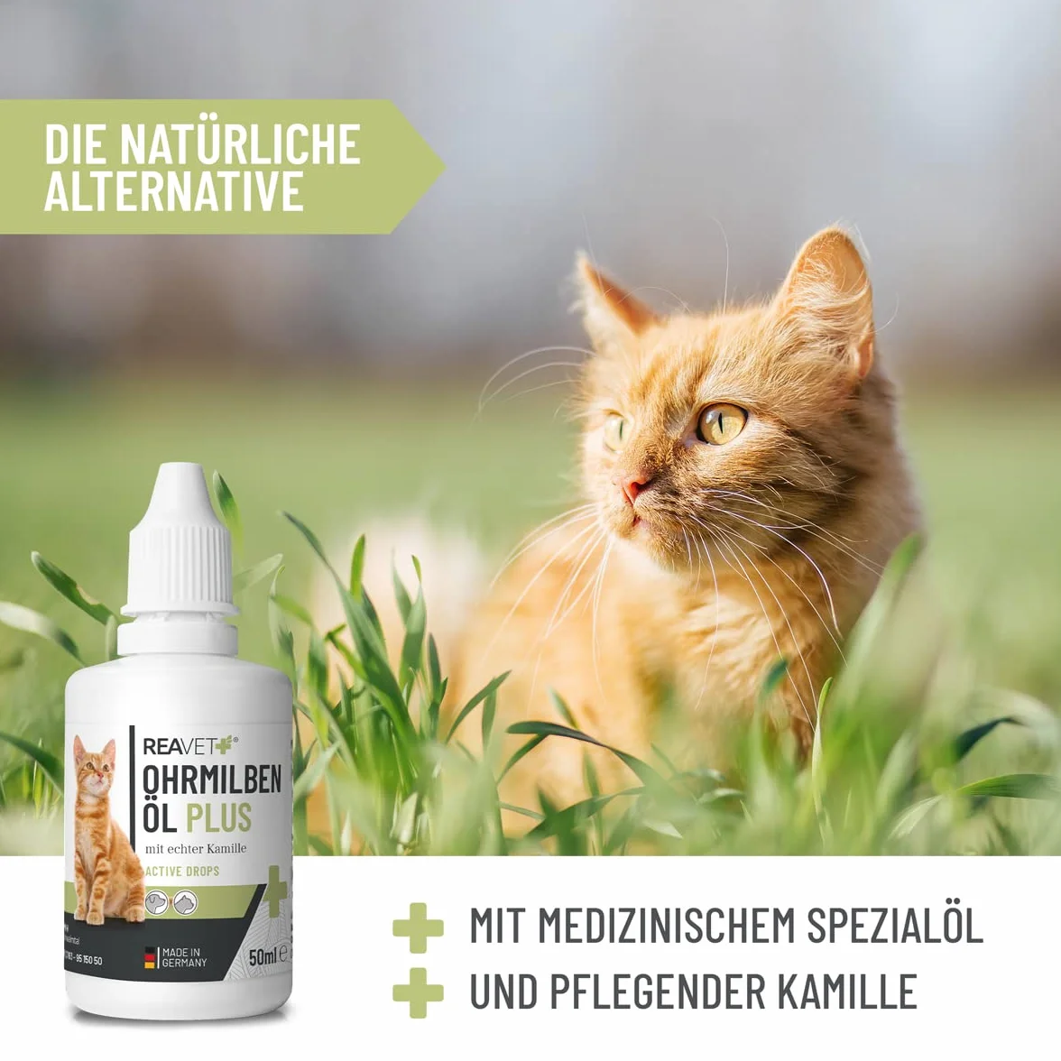 ReaVET Aceite para Ácaros de Oído Plus 50ml - Tratamiento rápido para Gatos contra ácaros de oído, con manzanilla, Alivia la picazón y Limpia Suavemente los oídos. Gotas para oídos y Limpiador