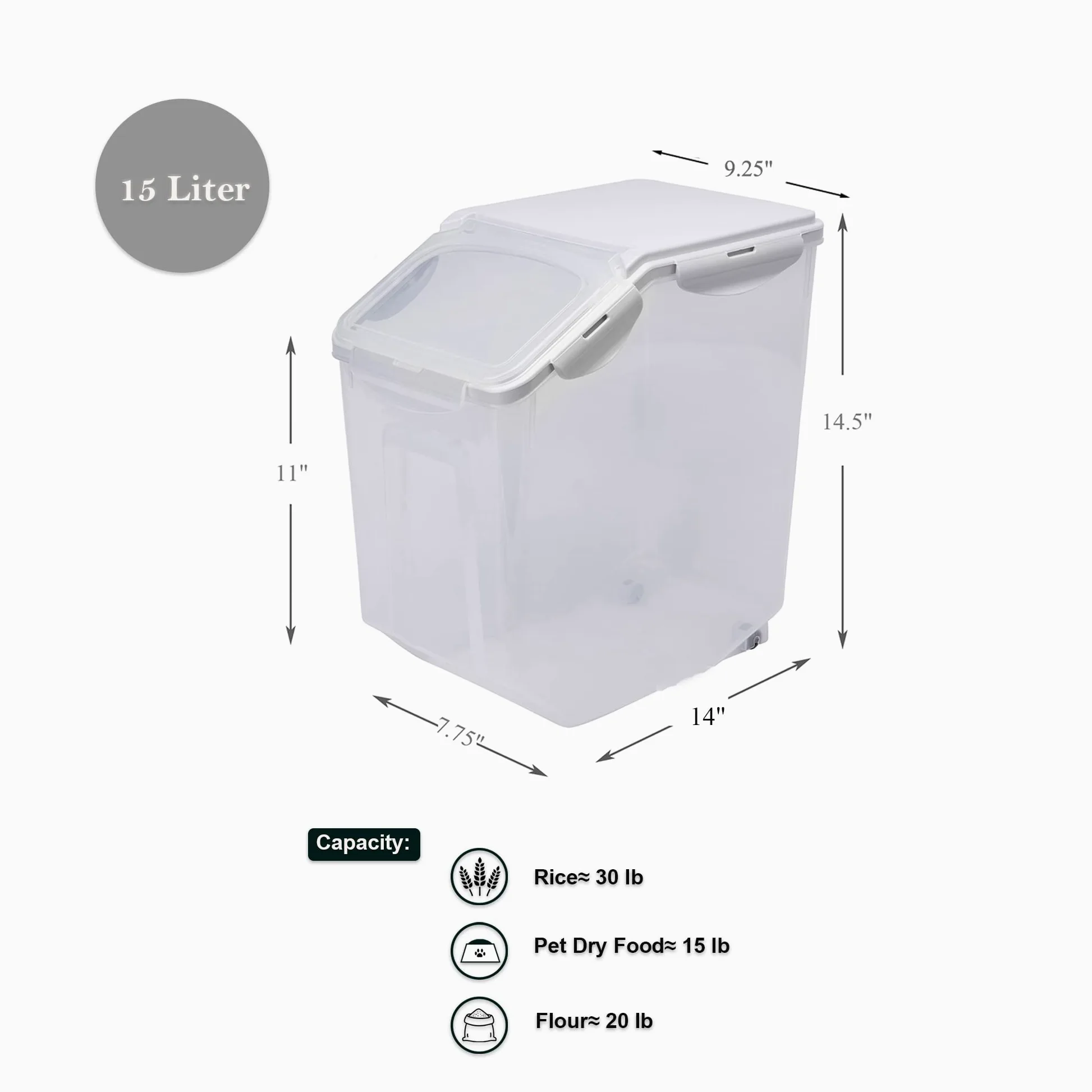 HANAMYA Contenedor de almacenamiento de alimentos con taza medidora, sin BPA, 80 tazas, para arroz, grano, comida para mascotas, harina, transparente, 2 unidades
