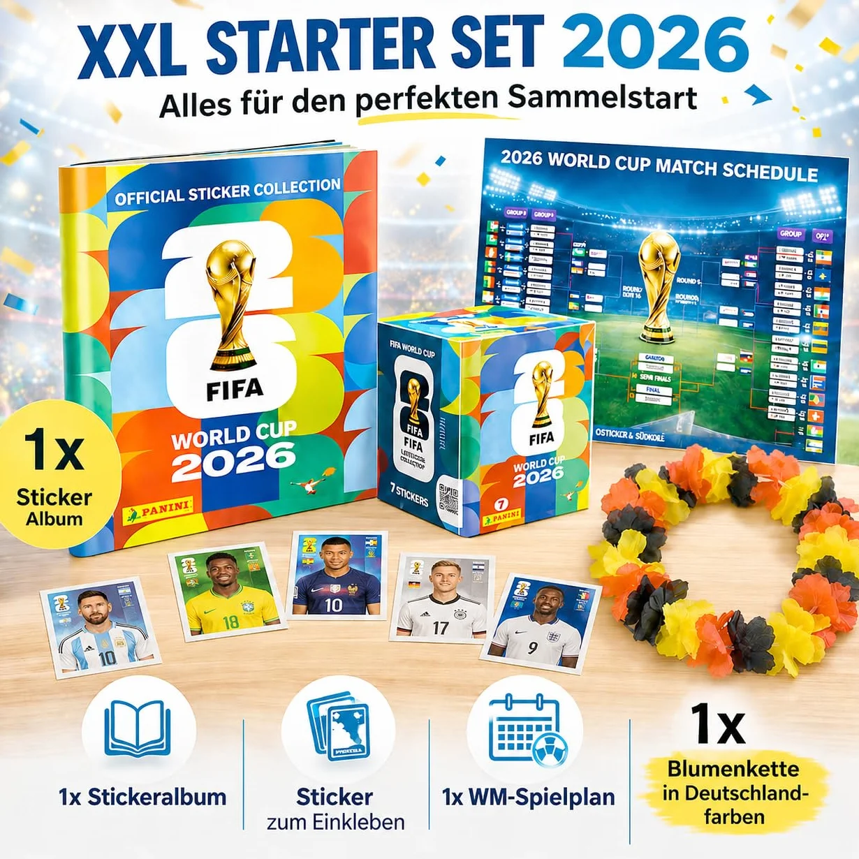 TK Gruppe Timo Klingler XXL Set Panini Copa Mundial 2026 Álbum Original Calendario de Partidos Collar de Flores Alemania Bundle Colección